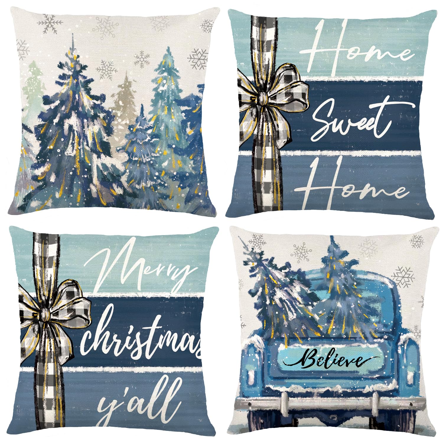 Heirloom Haven 4Pcs Christmas Pillow Cover Decoration,18X18In Blue Oil Painting Xmas Trees Pillow Case Truck Throw Pillow Cover