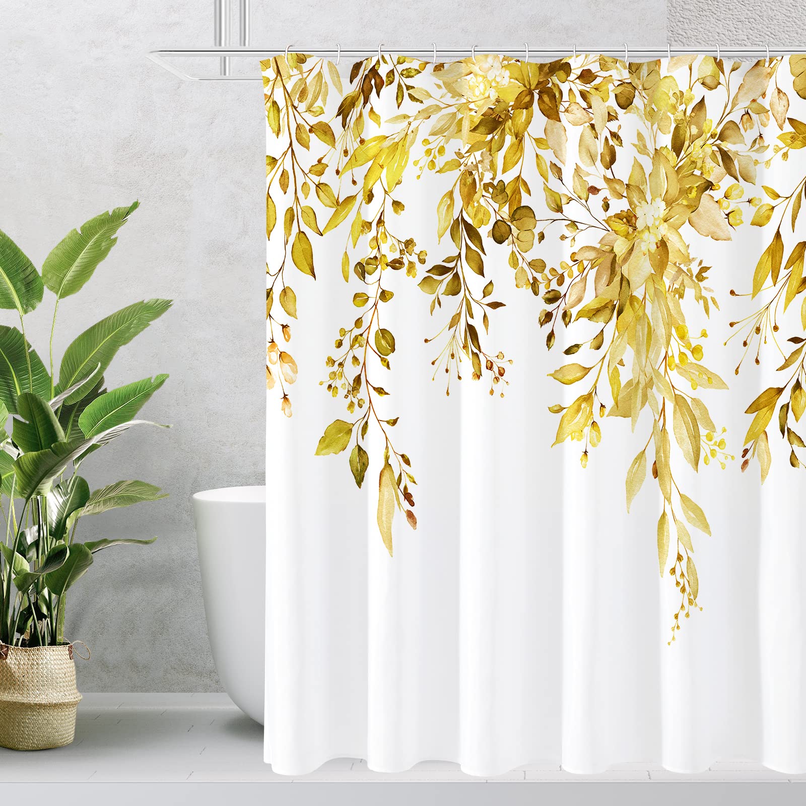Gibelle Extra Long Shower Curtain 72 x 84, Yellow Floral Shower Curtain for Bathroom, Watercolor Plant Eucalyptus Leaves Fabric 