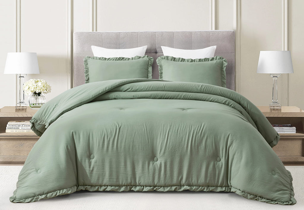 Chezmoi Collection Nora 3-Piece Ruffled Edge Trim Soft Washed Microfiber Comforter Set (King, Sage Green)