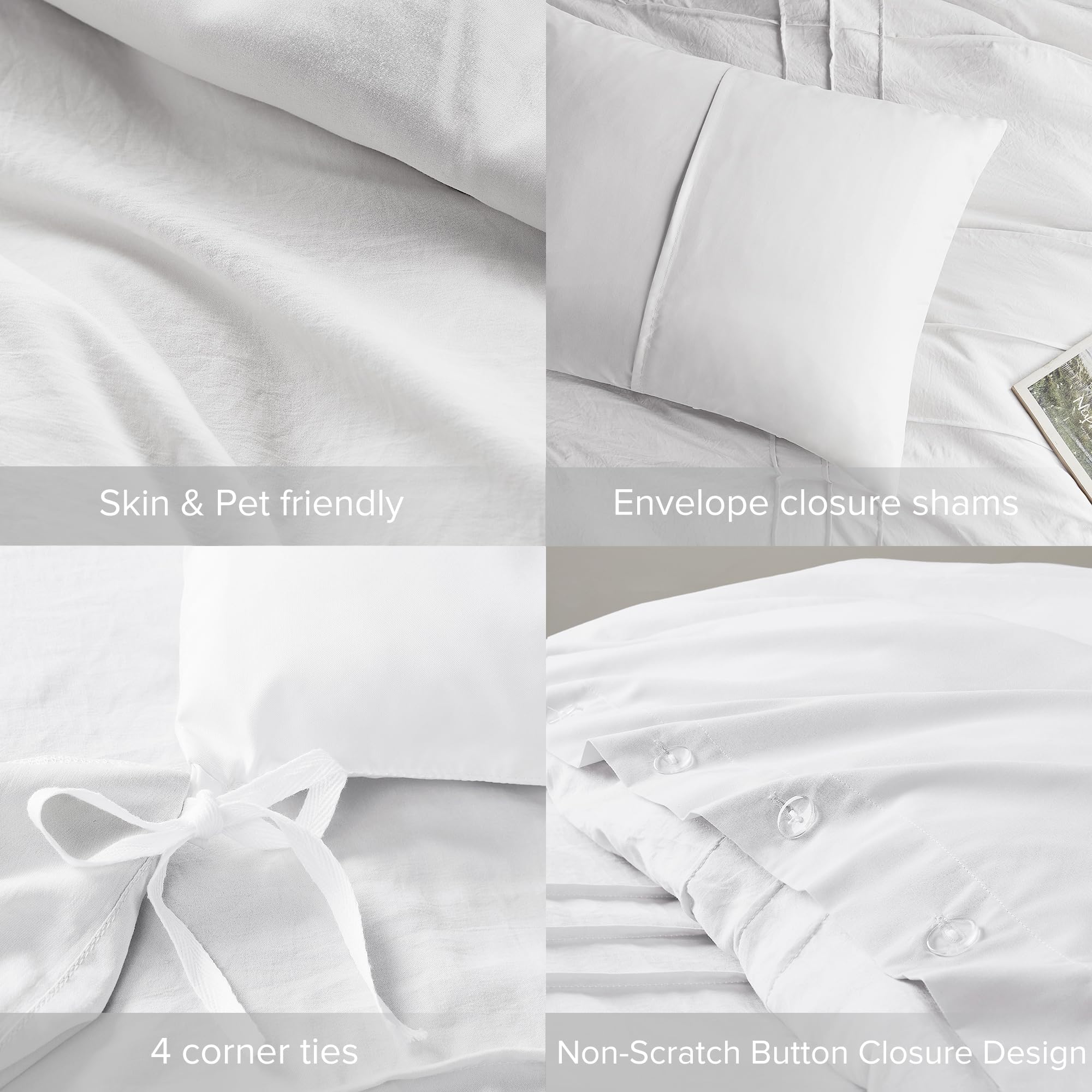 Comfort Spaces White Full Size Duvet Cover Set - 3-Pc Pintuck Pleated Duvet Cover Full, All Season Lightweight, Extra Softness Pre-Washed Microfiber Full Bed Cover Shams, Full