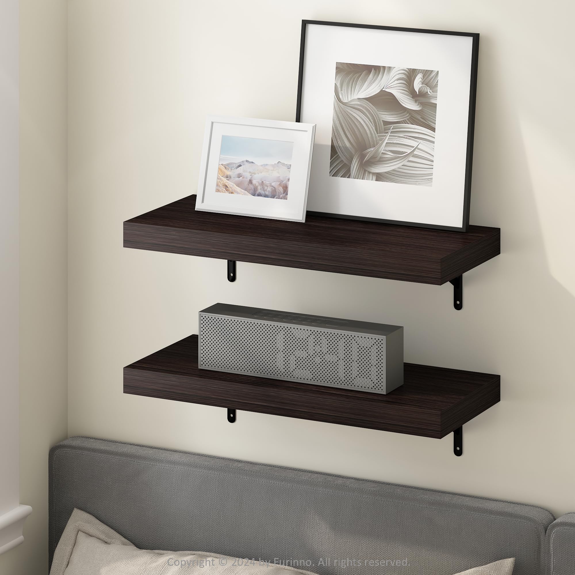 Furinno Tanna 22-Inch Wall Mounted Floating Display Shelves, Tobacco Oak, Set of 2