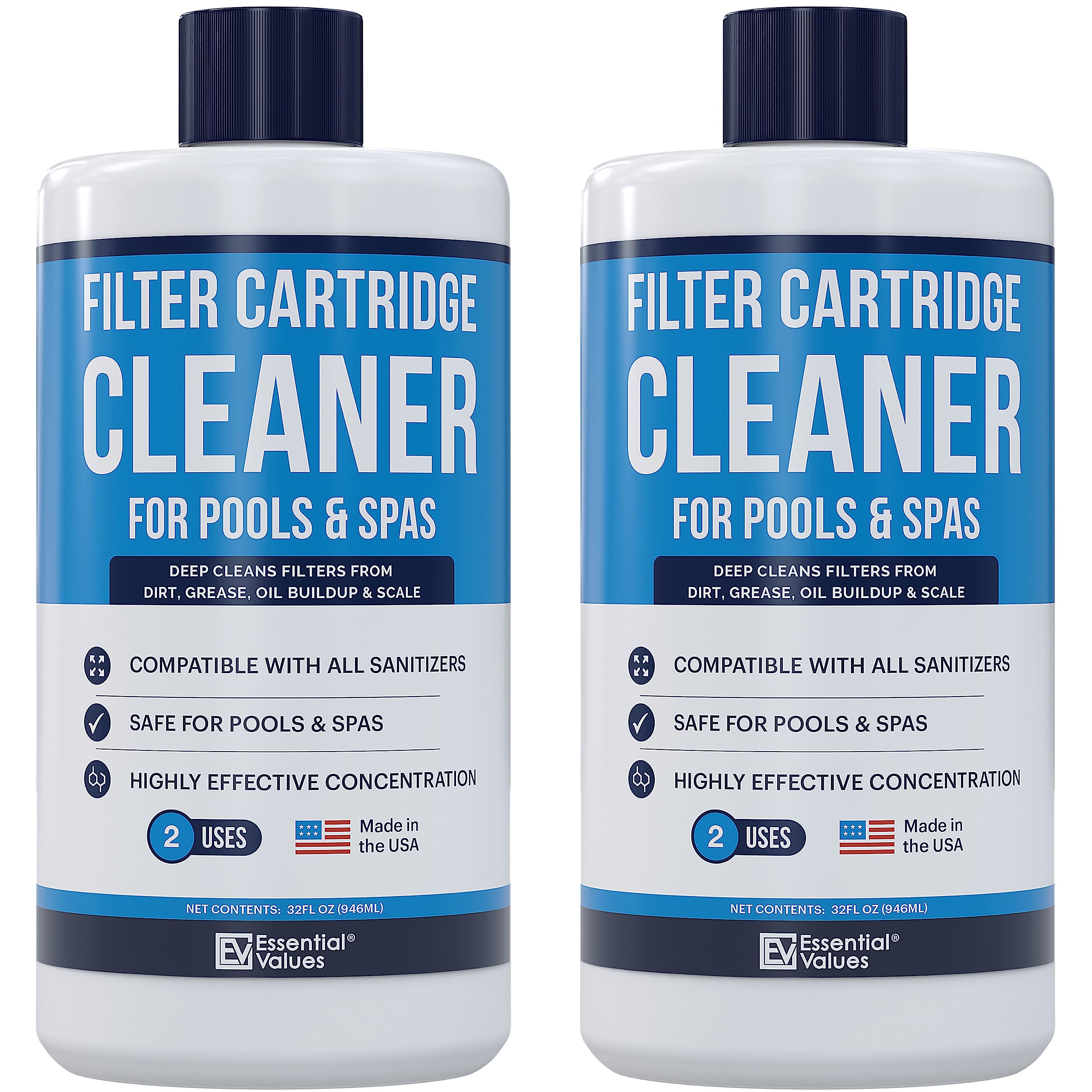 Pool & Spa Cartridge Cleaner (2 Pack, 32Oz / 2 Quart Total / 4 Uses), Made In Usa - Filter Cleaning Solution Comparable To Leisu