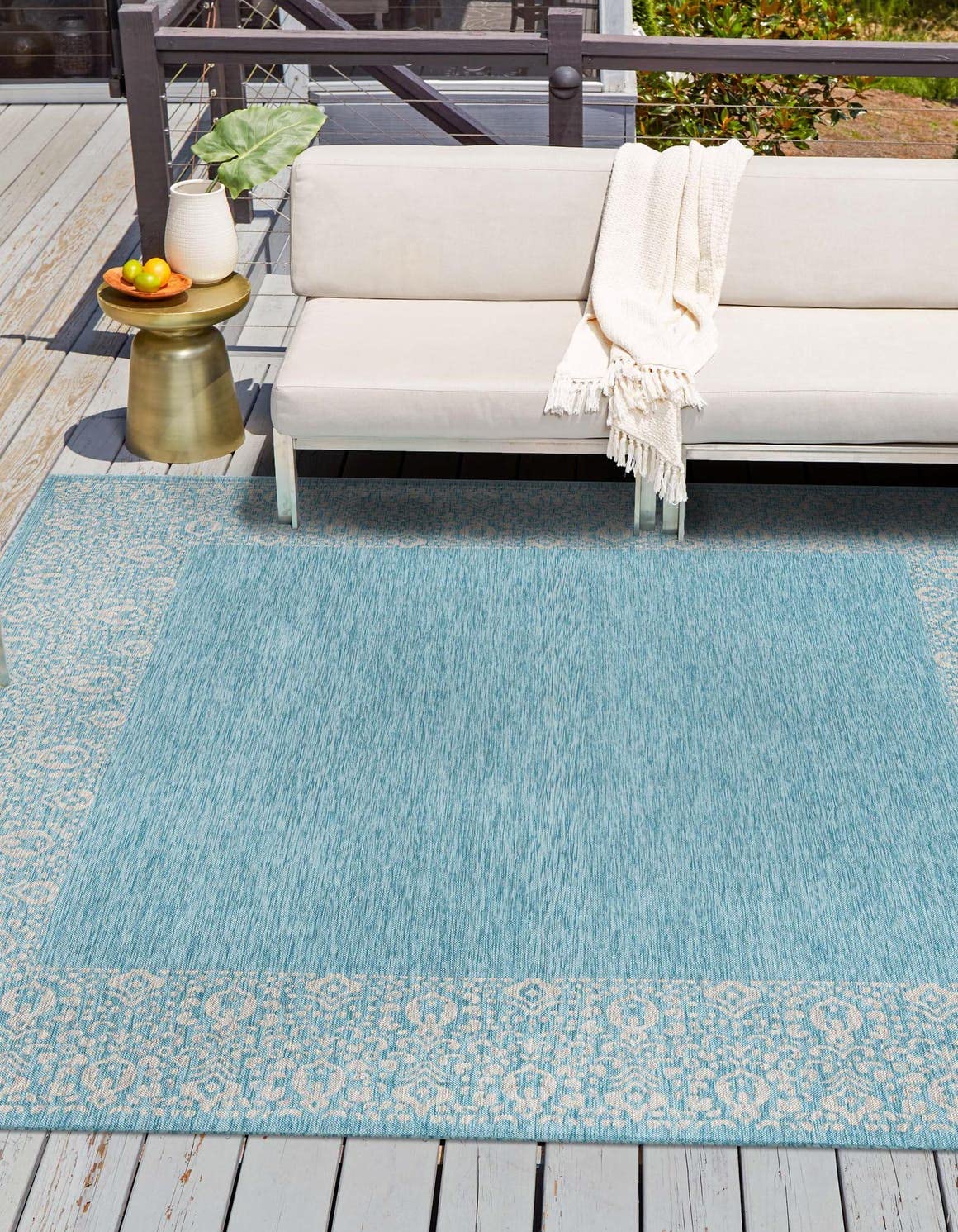 Unique Loom Outdoor Border Collection Area Rug - Floral Border (10' 8' Square, Aqua/ Ivory)
