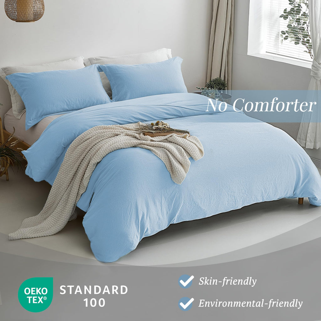 Mildly Super Soft Duvet Cover - 100% Washed Microfiber Cool Blue Comforter Cover Set 3 Pieces With Zipper Closure & Corner Ties