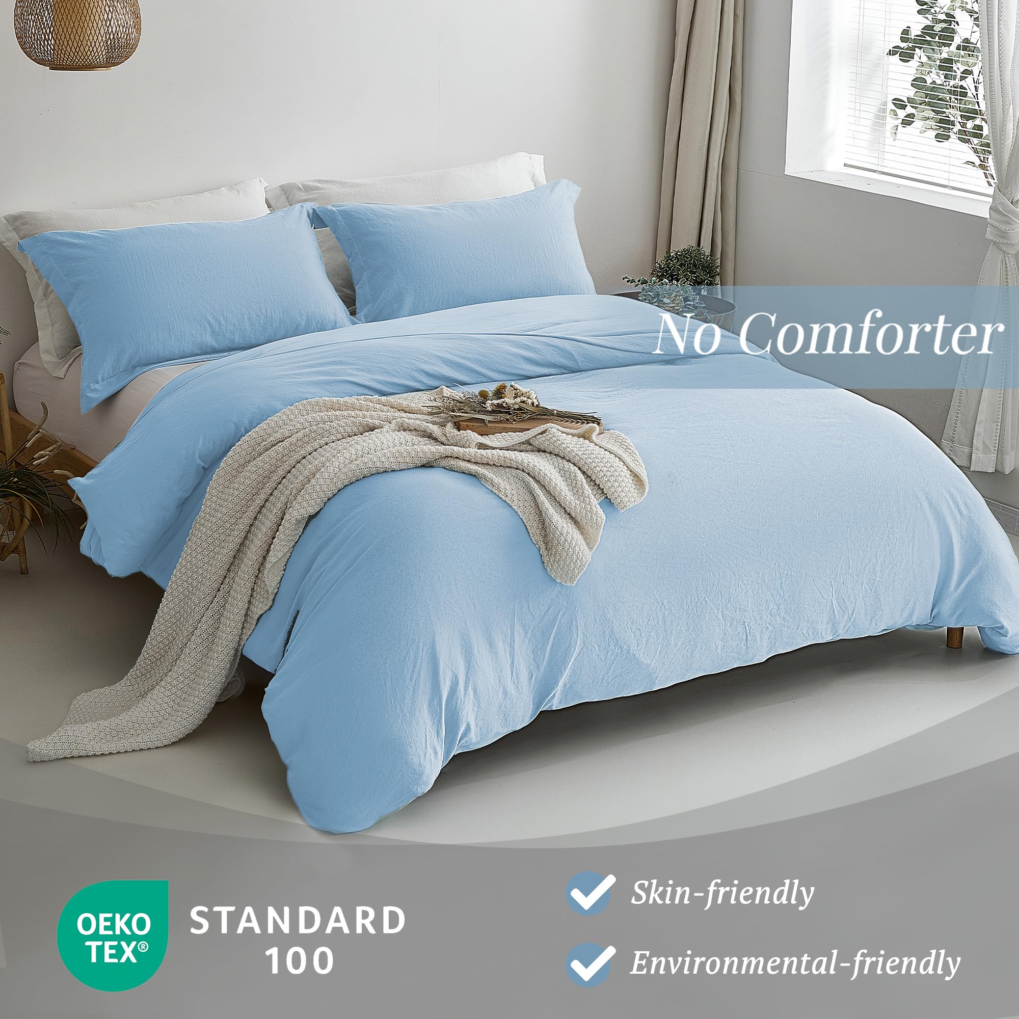 Mildly Super Soft Duvet Cover - 100% Washed Microfiber Cool Blue Comforter Cover Set 3 Pieces With Zipper Closure & Corner Ties