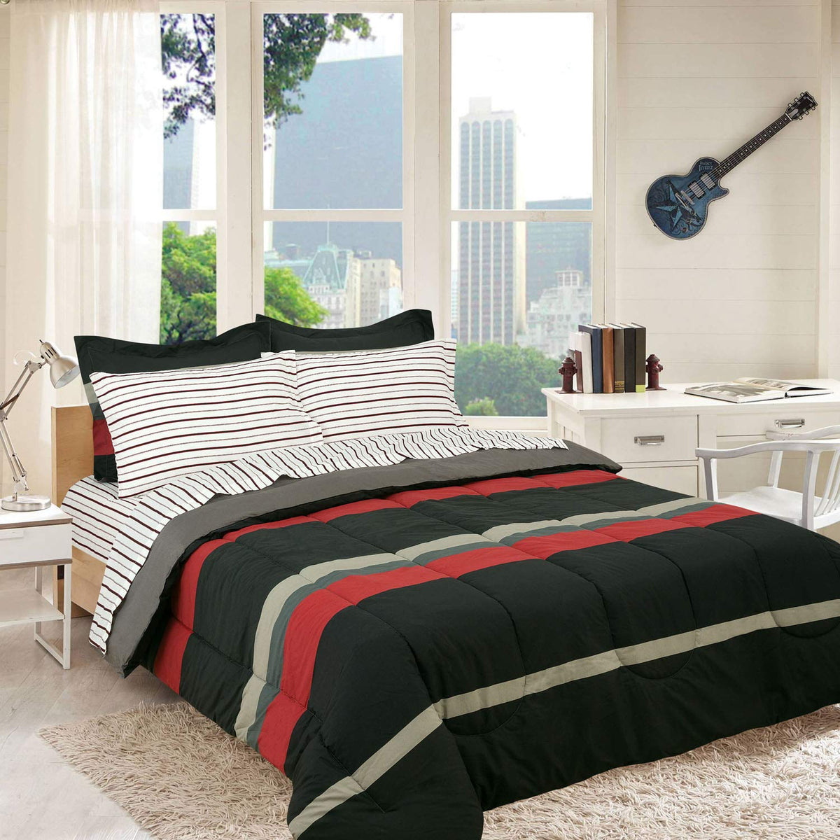 Kidz Mix Mf Rugby Stripe Red Twin 6Pc Comforter Set