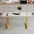 71 White Dining Table, Modern Dining Room Table For 6-8, Kitchen Table With Mdf Top And Gold Stainless Steels Legs, Rectangular