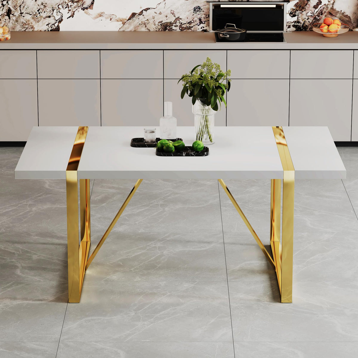 71 White Dining Table, Modern Dining Room Table For 6-8, Kitchen Table With Mdf Top And Gold Stainless Steels Legs, Rectangular