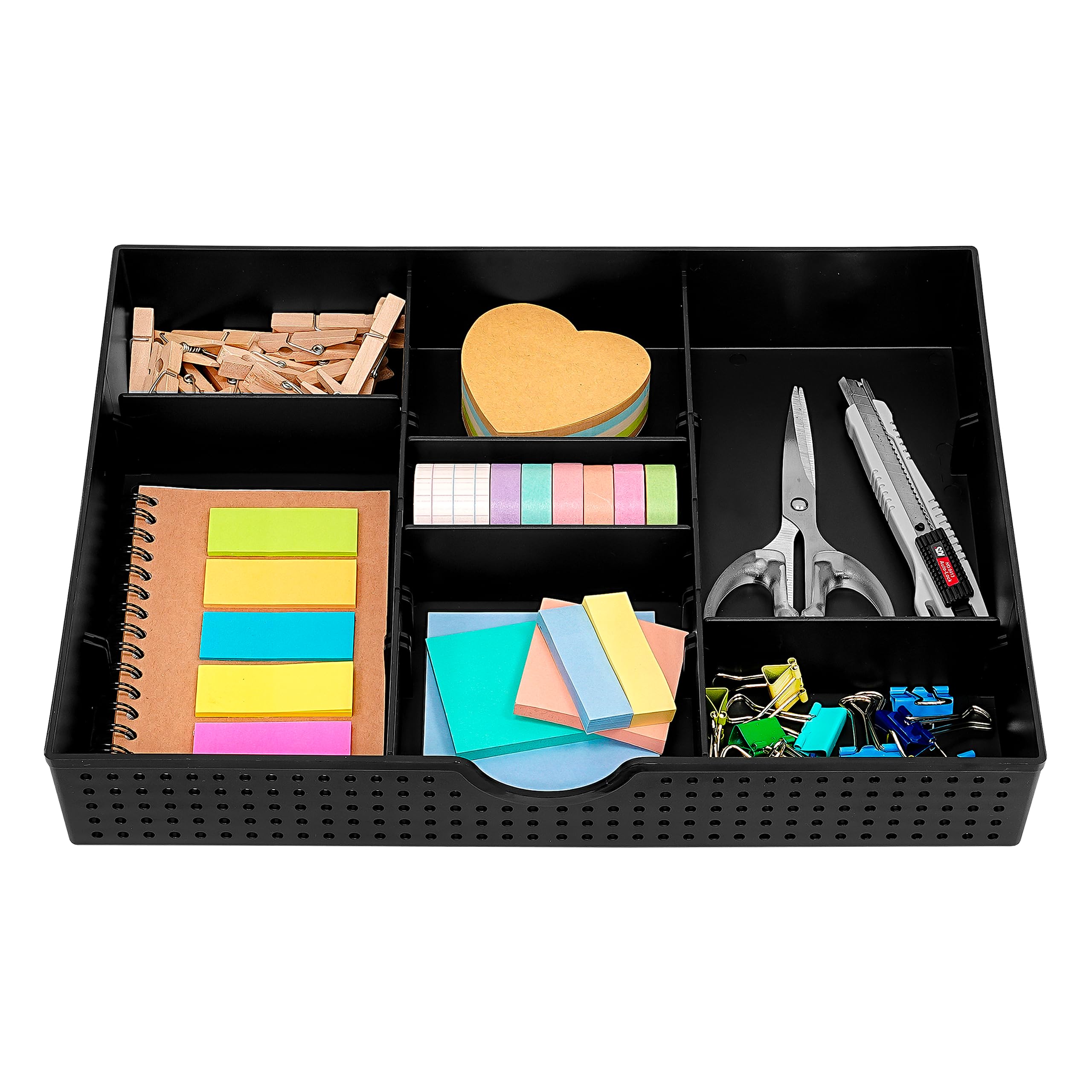 Caxxa 3 Slot Drawer Organizer With 4 Adjustable Dividers - Junk Drawer Storage For Office Desk Supplies And Accessories, Black (