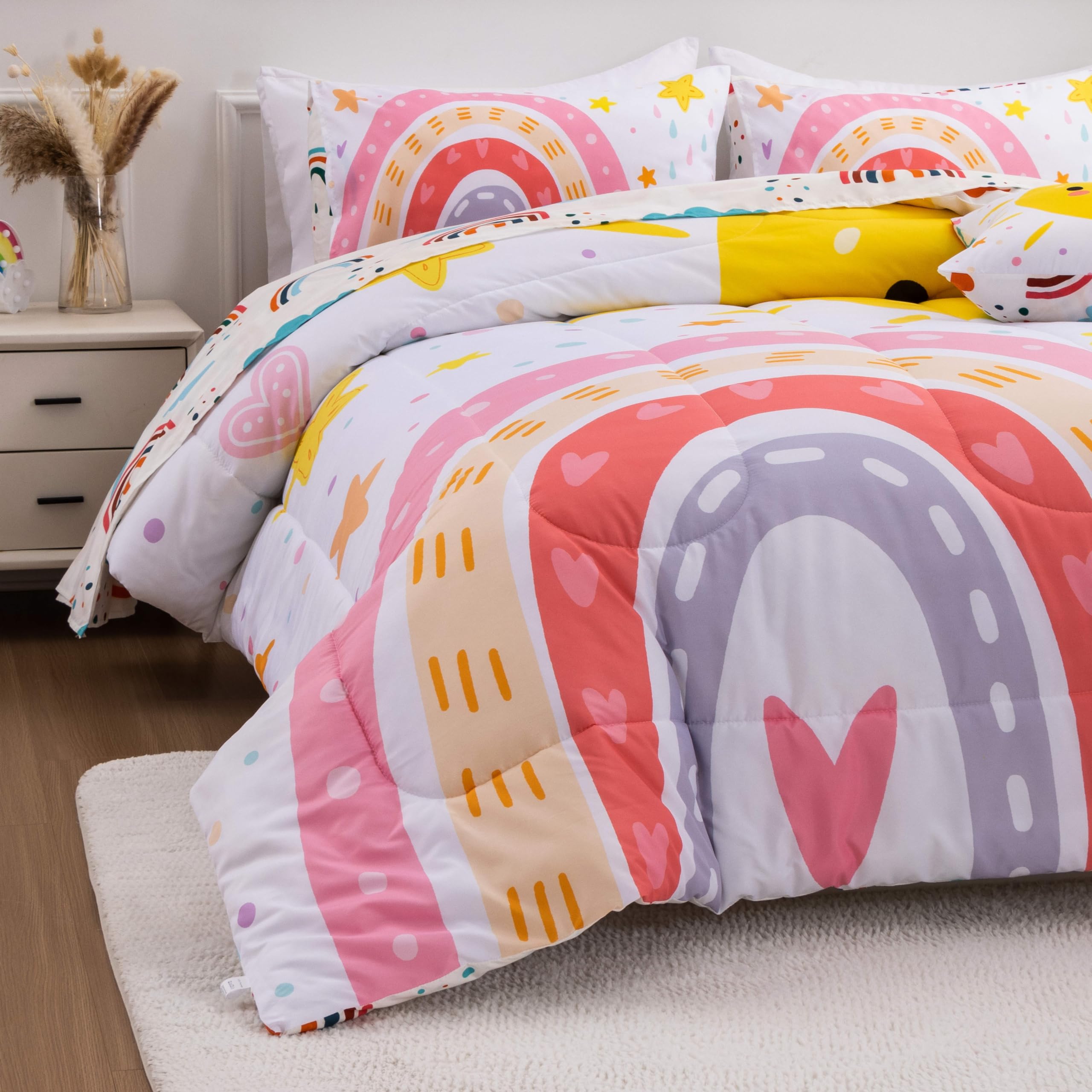 Btargot Lightweight Soft 3 Piece Rainbow Comforter Set With 2 Pillow Covers, Cartoon Love Hearts Flowers And Sun Star Bedding Se