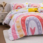 Btargot Lightweight Soft 3 Piece Rainbow Comforter Set With 2 Pillow Covers, Cartoon Love Hearts Flowers And Sun Star Bedding Se