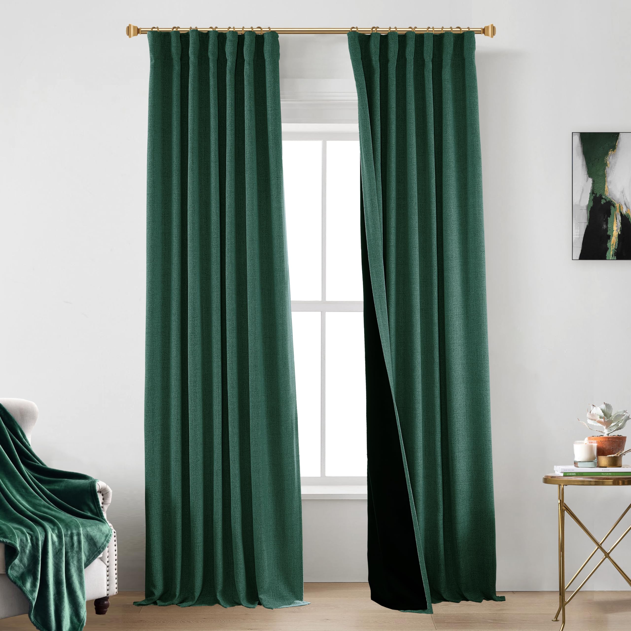 Dark Emerald Green Curtains for Living Room 2 Panels Set,Blackout Christmas Linen Pleated Back Tab Darkening Thermal Lined Black
