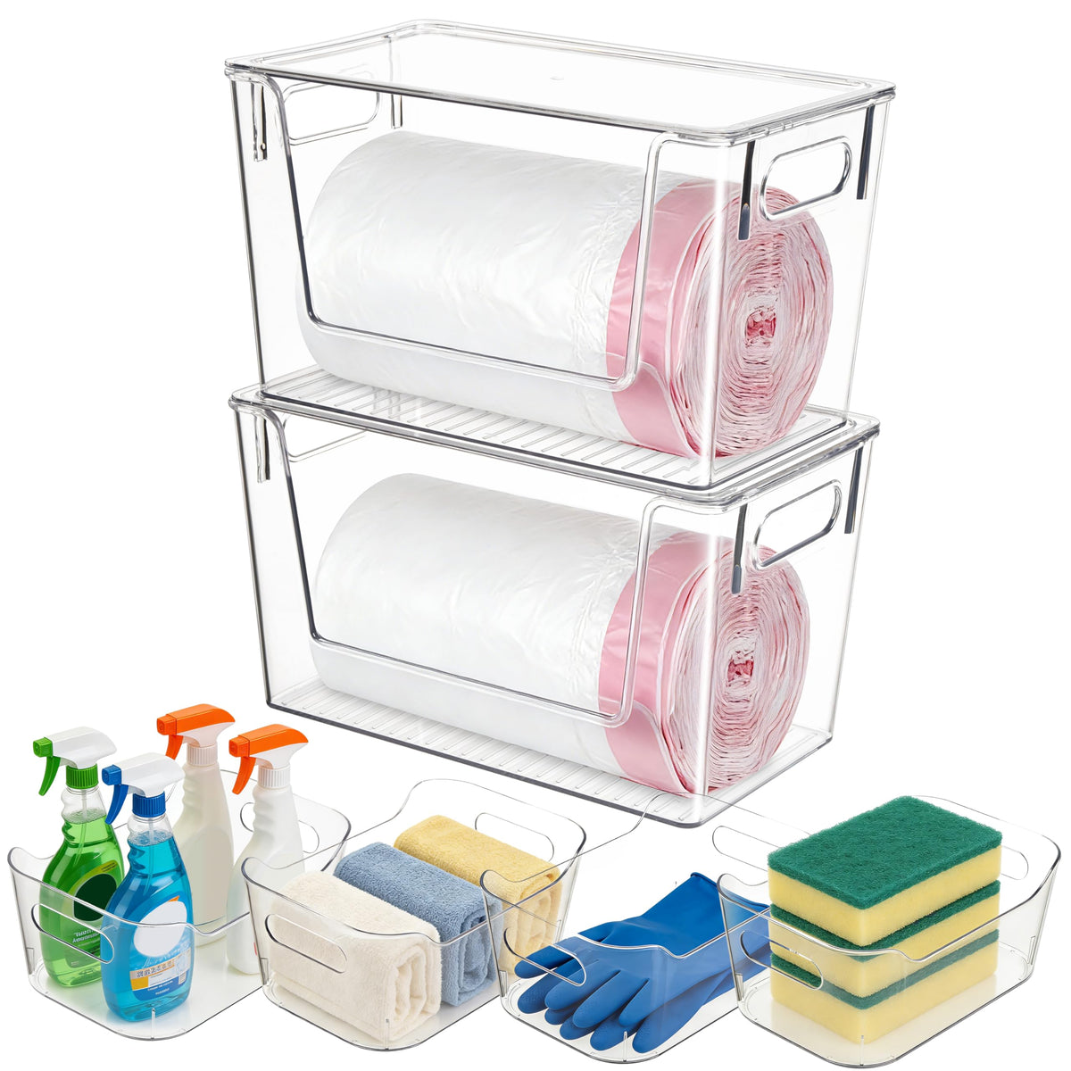 Tiawudi Set of 6 Clear Plastic Storage Bins, 2 Large Stackable Oraganizer with Open Front & Lid, 4 Small Storage Container for P