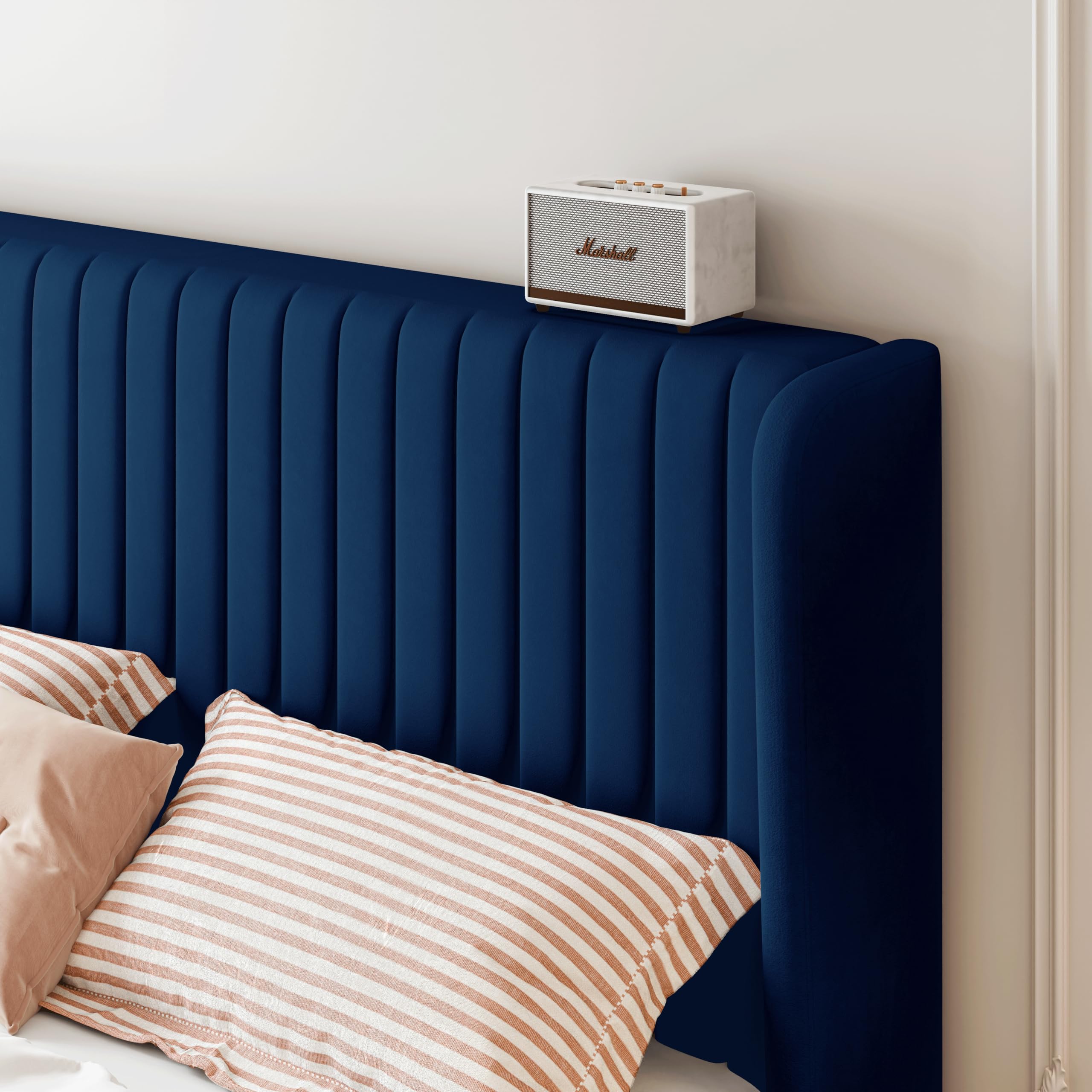 Sha Cerlin King Size Velvet Bed Frame With Vertical Channel Tufted Wingback Headboard, Upholstered Platform Bed With Wood Slats, No Box Spring Needed, Easy Assembly, Blue