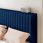 Sha Cerlin King Size Velvet Bed Frame With Vertical Channel Tufted Wingback Headboard, Upholstered Platform Bed With Wood Slats, No Box Spring Needed, Easy Assembly, Blue