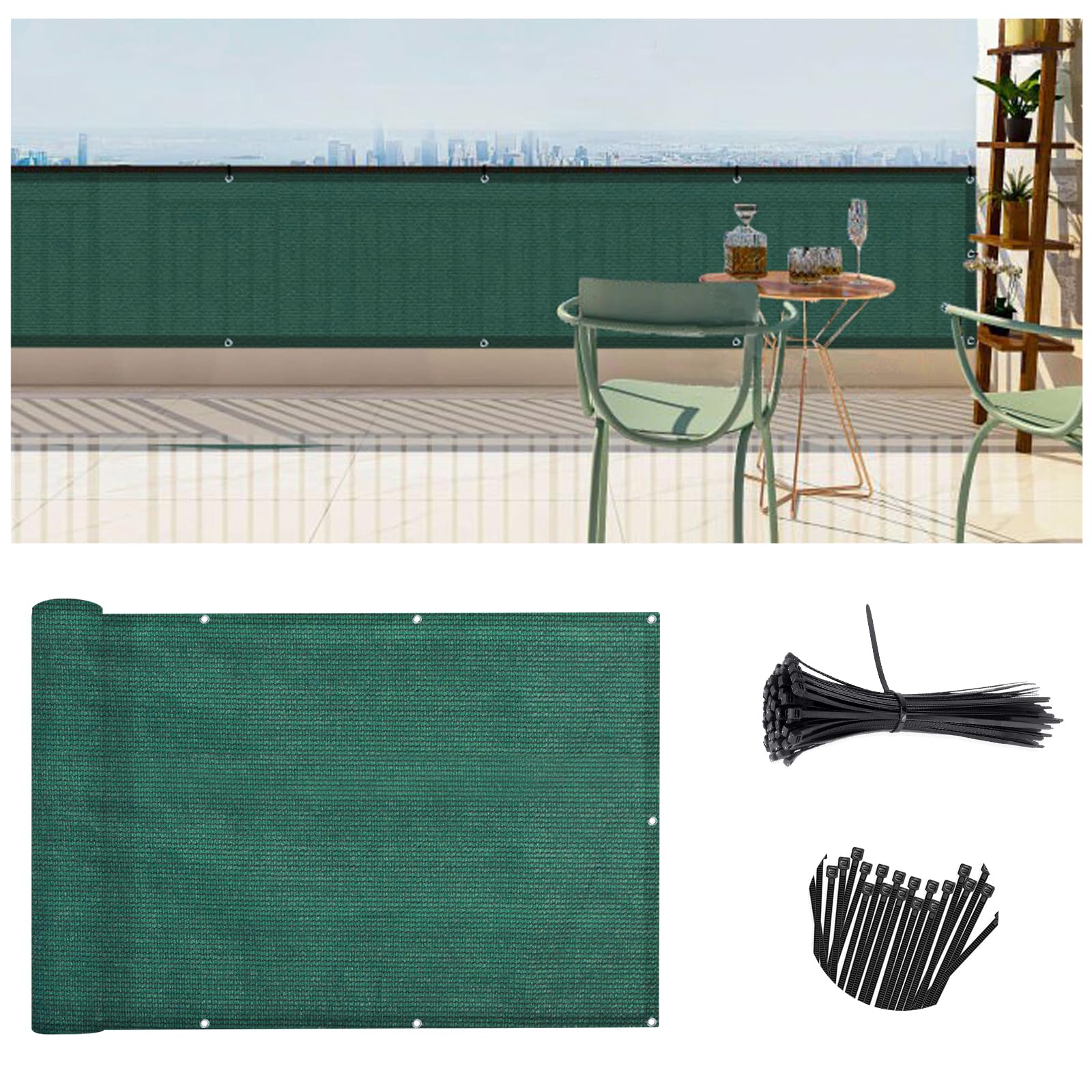 Sunlax 3'X10' Dark Green Balcony Privacy Screen Fence Windscreen Cover Fabric Shade Netting Mesh Cloth With Grommets Uv Protecti