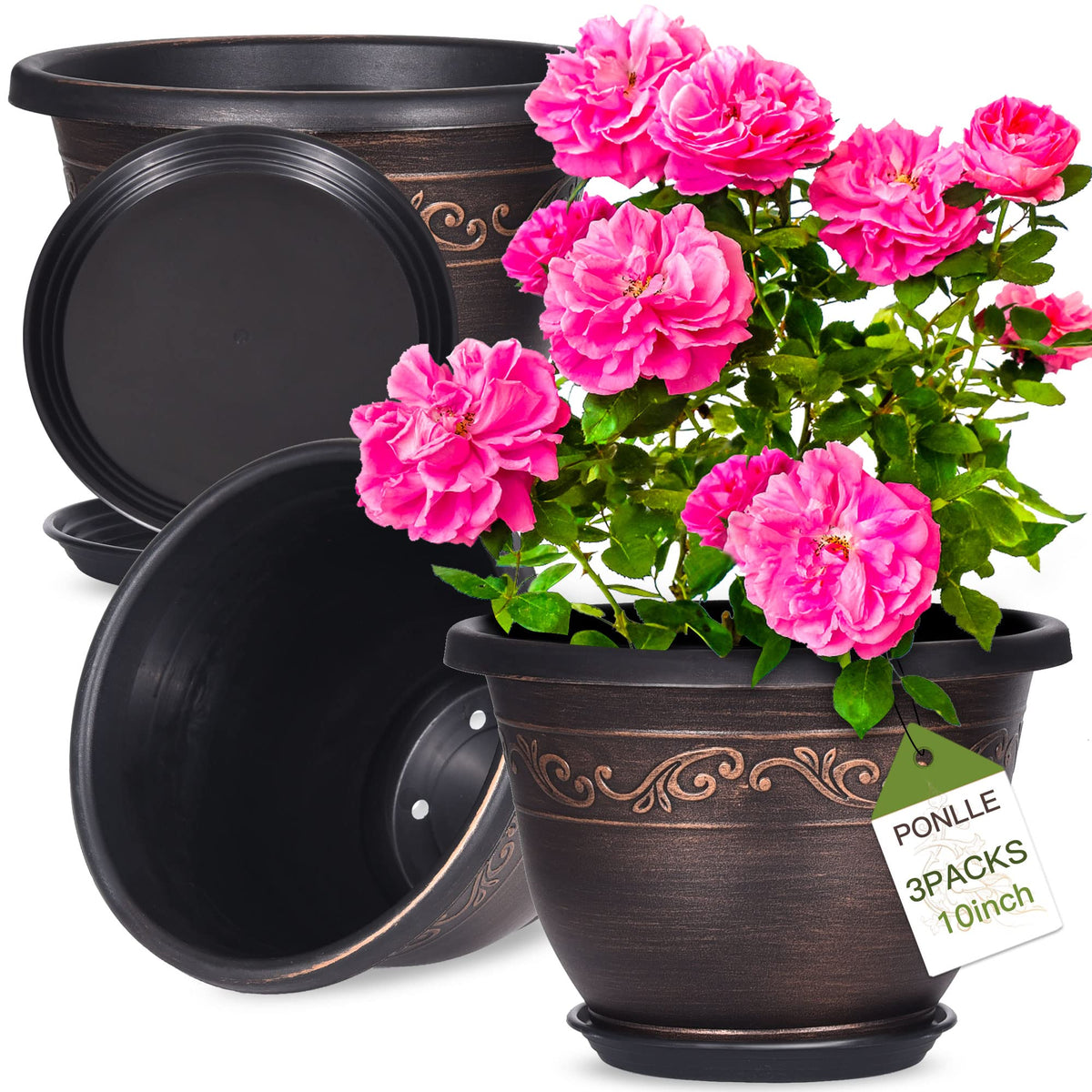 Plastic-Plant-Flower-Planters-10 Inch With Drainage Hole & Saucer, 3 Packs Lightweight Small Resin Pot Indoor Outdoor, Retro Ant