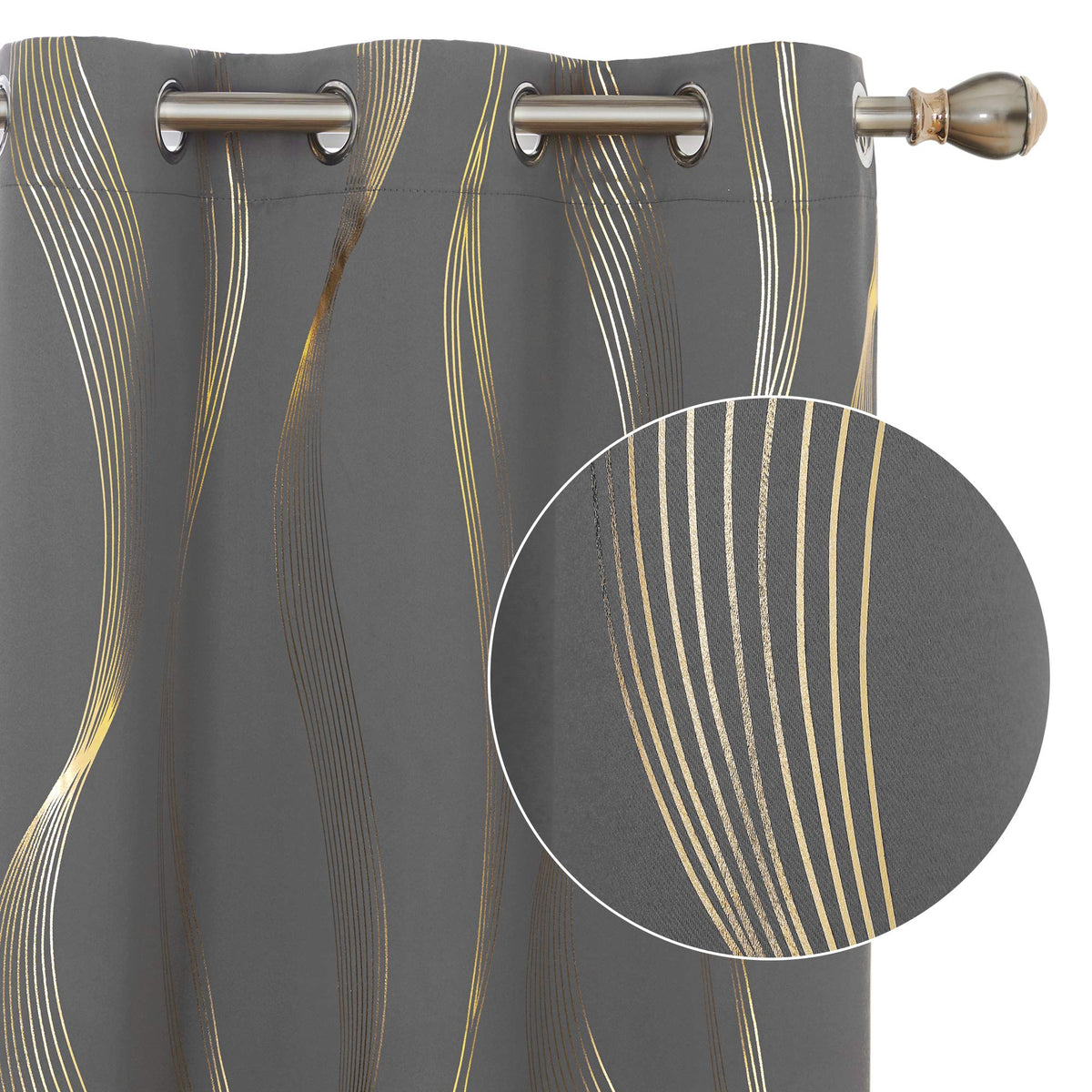 Deconovo Thermal Insulated Blackout Curtains, Energy Efficient Short Curtains, Grommet Wave Foil Golden Print Grey Curtains, 2 P