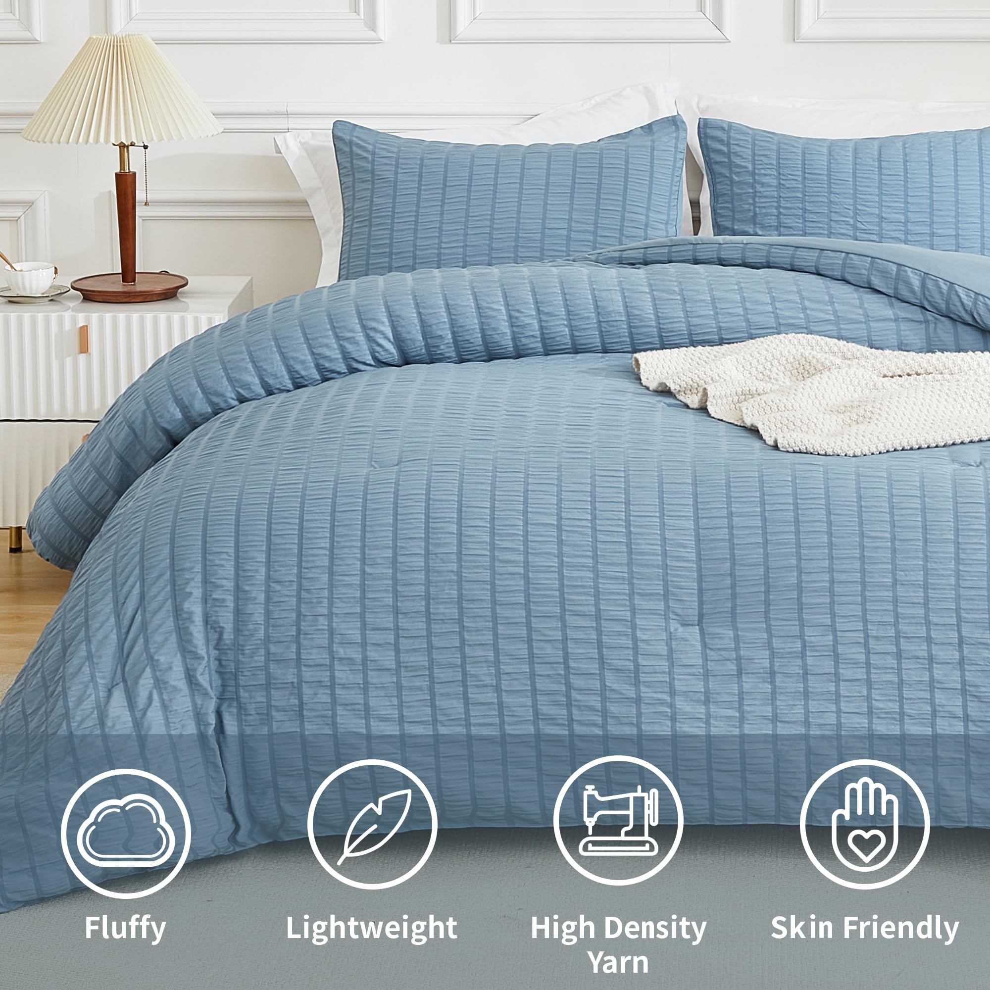 Avelom Seersucker King Comforter Set - 104X90, Grayish Blue, 3 Pieces - Machine Washable
