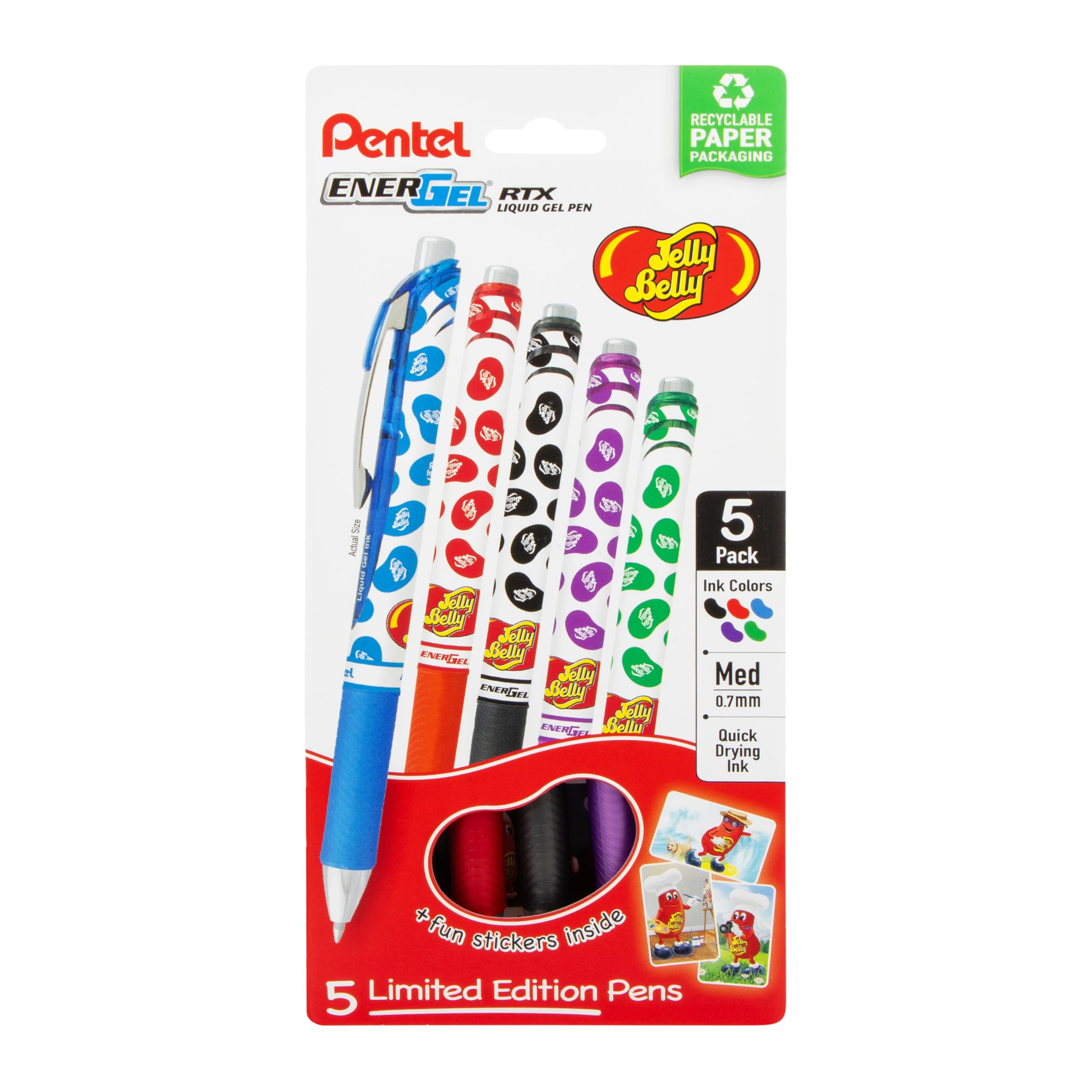 Pentel Energel Rtx Retractable Liquid Gel Pen, Jelly Belly Limited Edition, 0.7Mm Tip, Assorted Colors, Pack Of 5 Pens, (Bl77Pf5