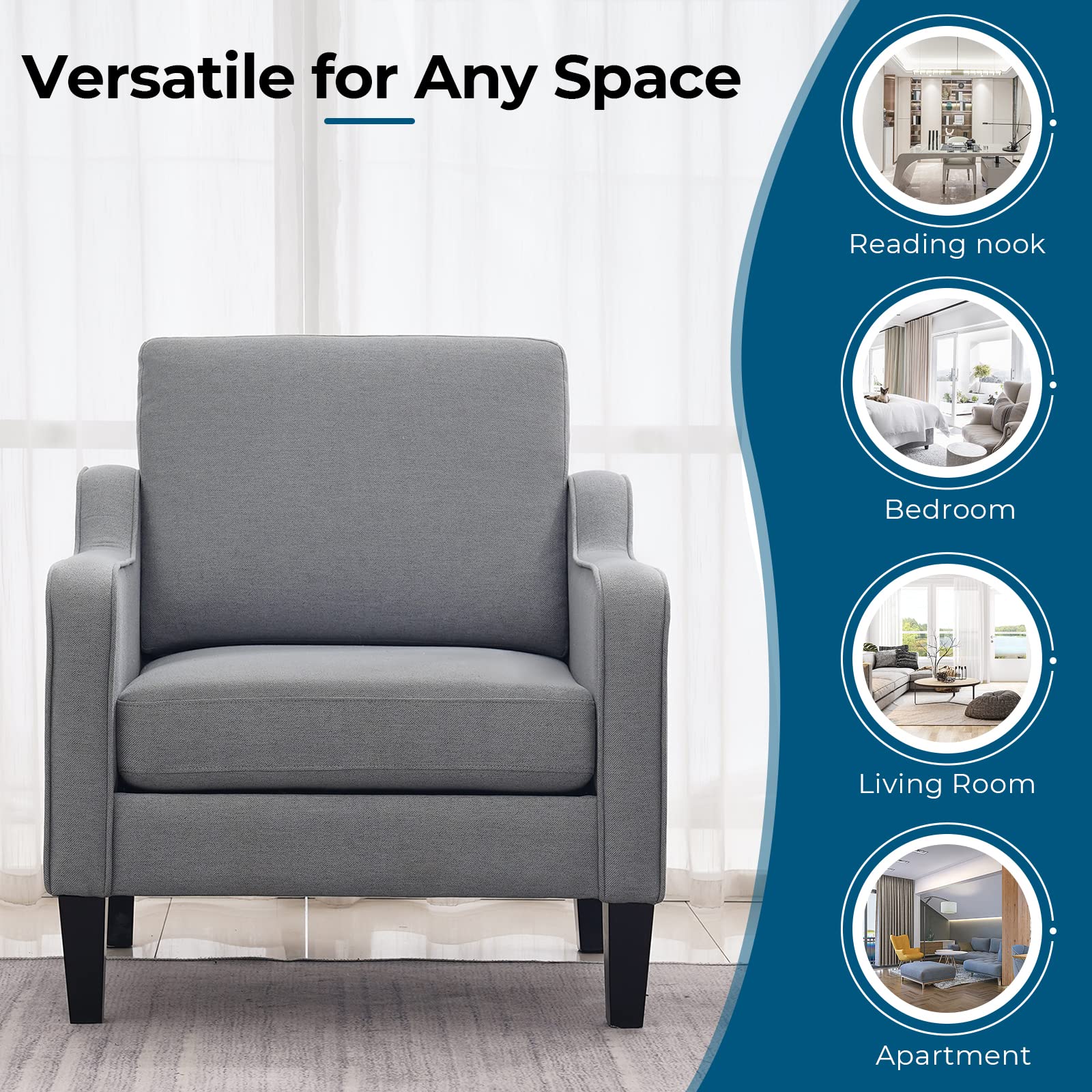 Vingli Mid Century Modern Accent Chair,Light Grey Fabric Chairs For Living Room Upholstered Armchair With Scooped Arms For Bedroom,Apartment,Studio,Office,Waiting Room