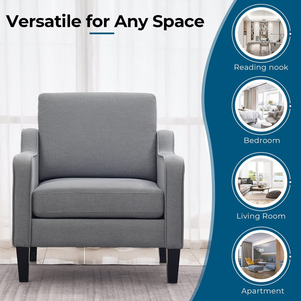 Vingli Mid Century Modern Accent Chair,Light Grey Fabric Chairs For Living Room Upholstered Armchair With Scooped Arms For Bedroom,Apartment,Studio,Office,Waiting Room