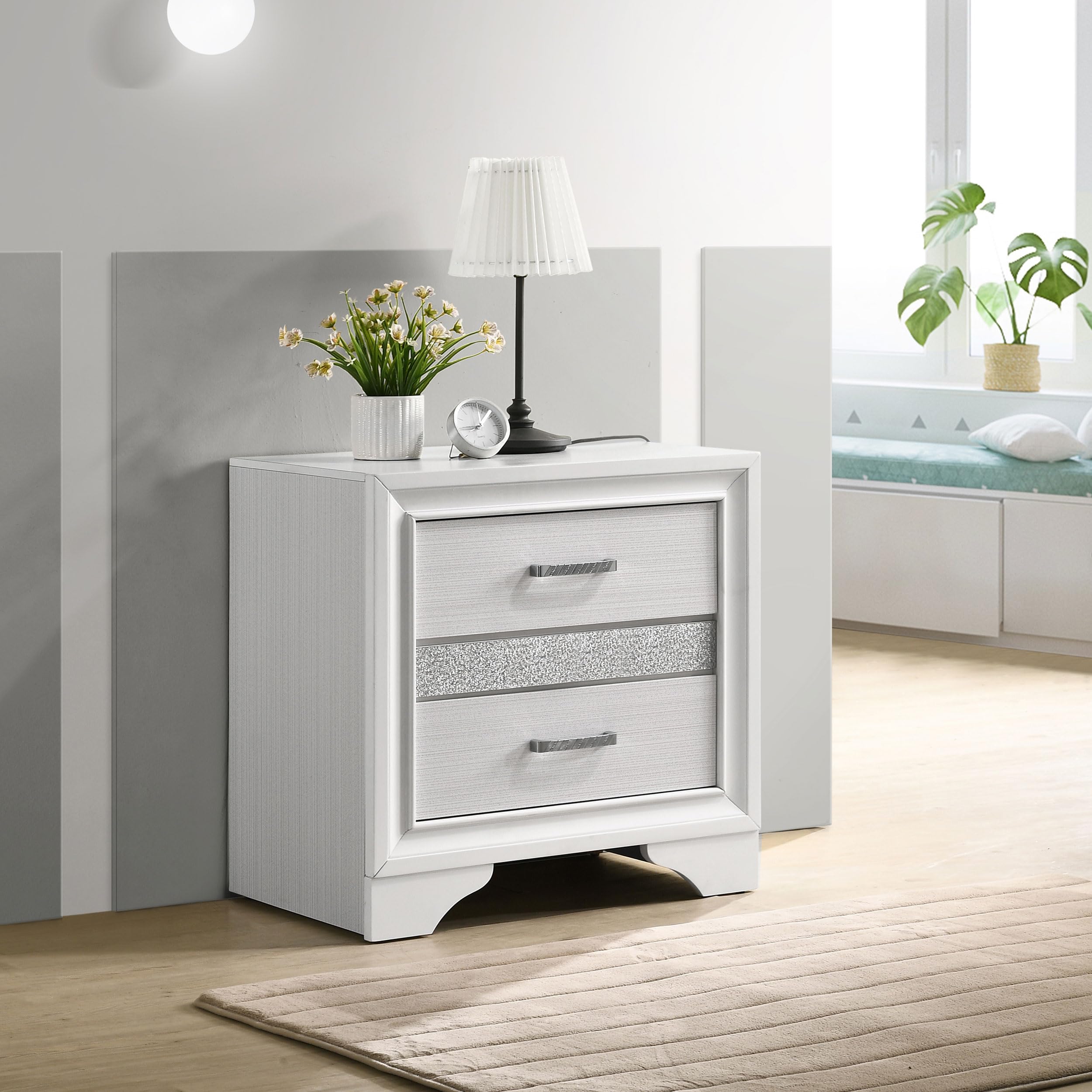 Coaster Home Furnishings Miranda 2-Drawer Bedroom Nightstand Modern Glam Wood Bedside Table Decorative Crystal Acrylic Trim Chrome Handles White 205112