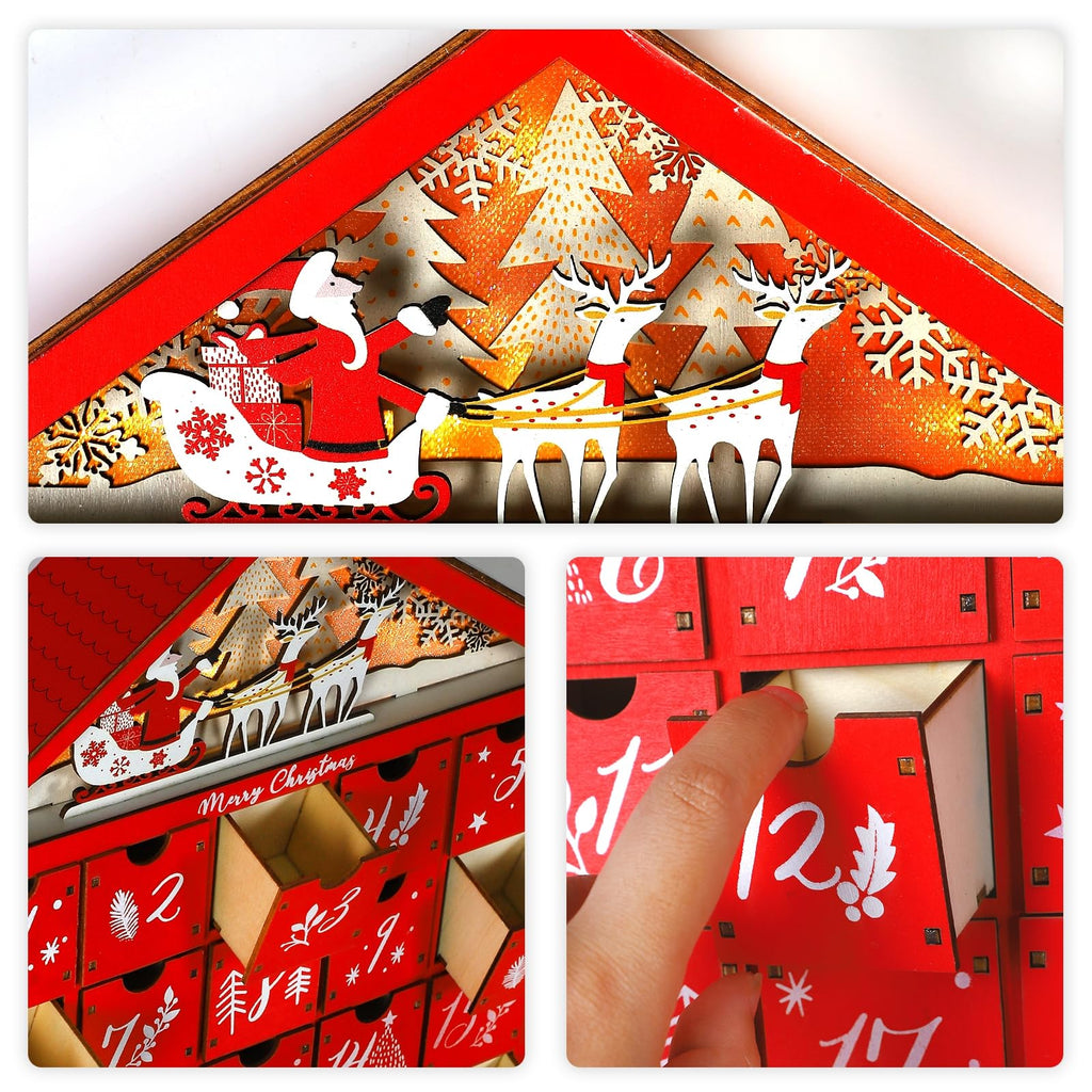 Mortime 24 Day Red House Advent Calendar With Lighted Reindeer Sled Christmas Tree Snowflake, Lighted Wooden Countdown To Christ