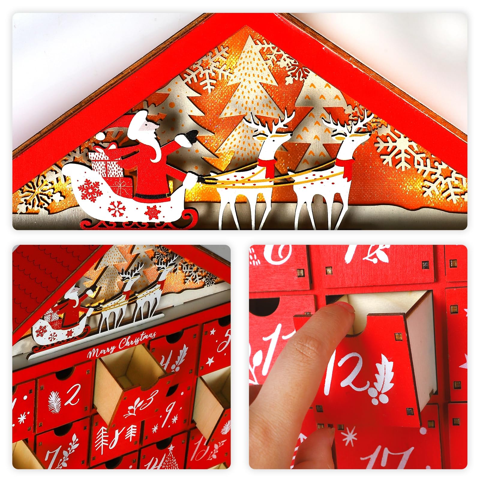 Mortime 24 Day Red House Advent Calendar With Lighted Reindeer Sled Christmas Tree Snowflake, Lighted Wooden Countdown To Christ