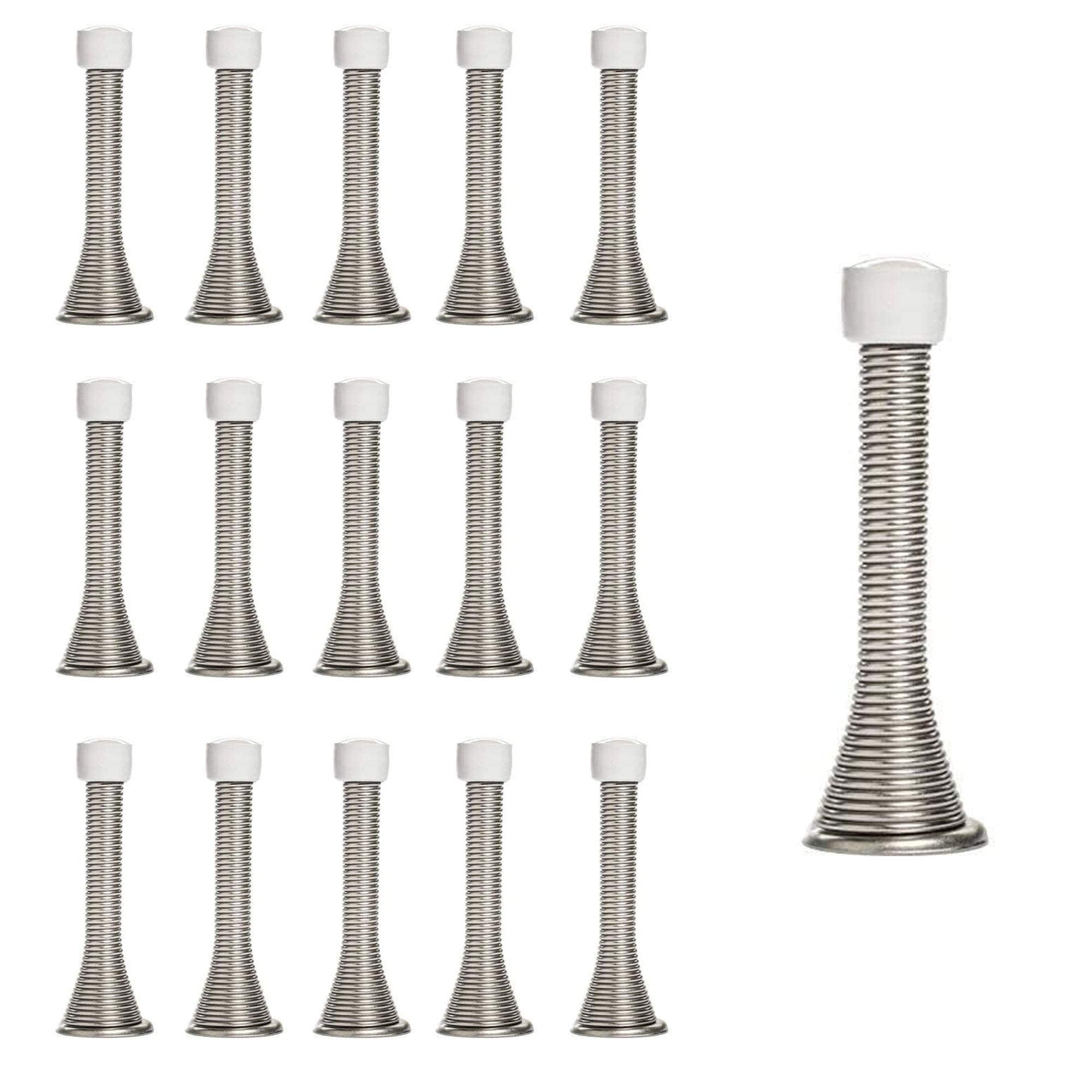 Kiseer 16 Pack Spring Door Stops 3 1/4' Flexible Heavy Duty Spring Door Stopper With Rustproof Screw Rubber Bumper Tips (Satin