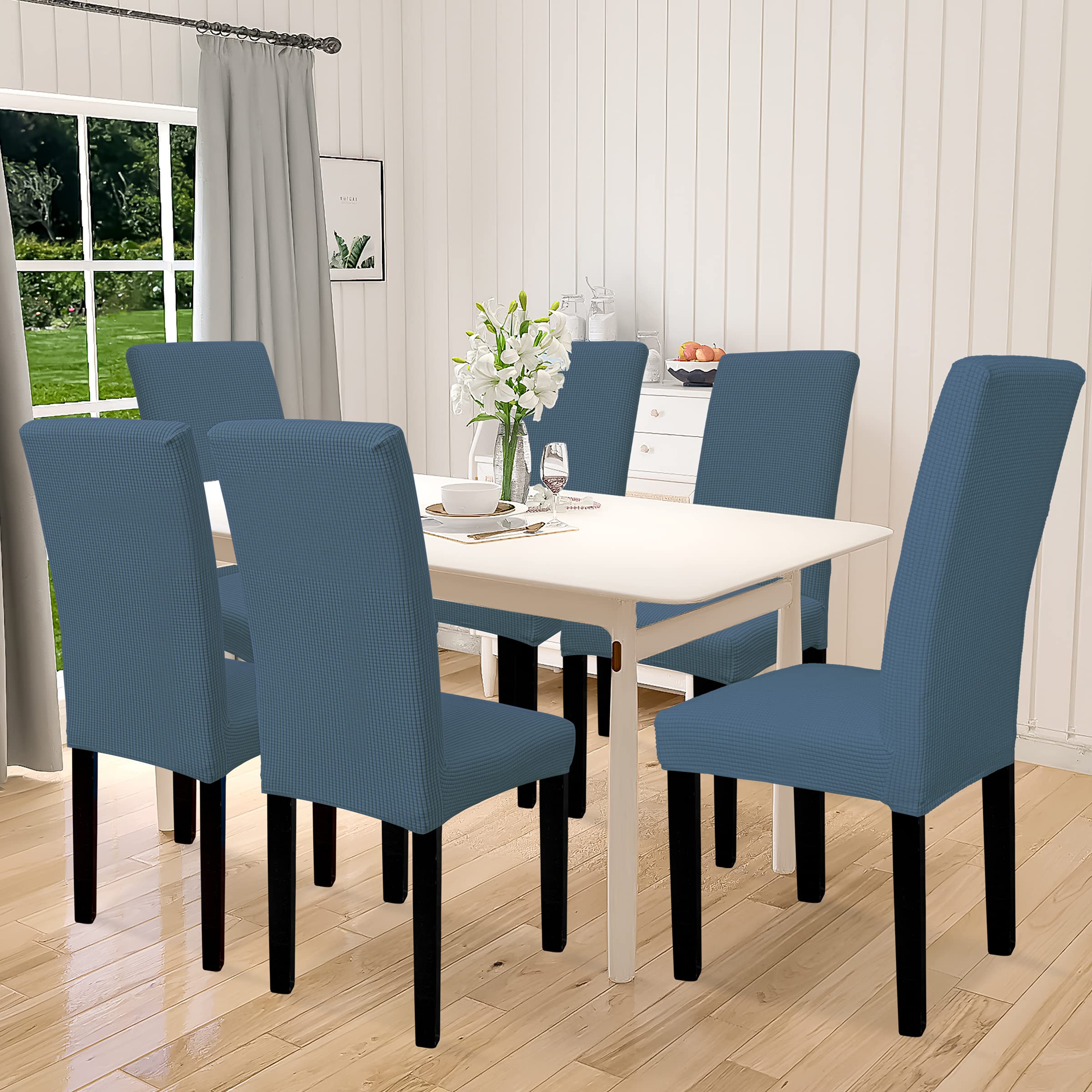 Easy-Going 100% Waterproof Dining Room Chair Cover Set Of 8, Stretch Jacquard Parson Chair Slipcover Removable Washable Chair Protector For Home, Restaurant, Banquet (Large, Bluestone)