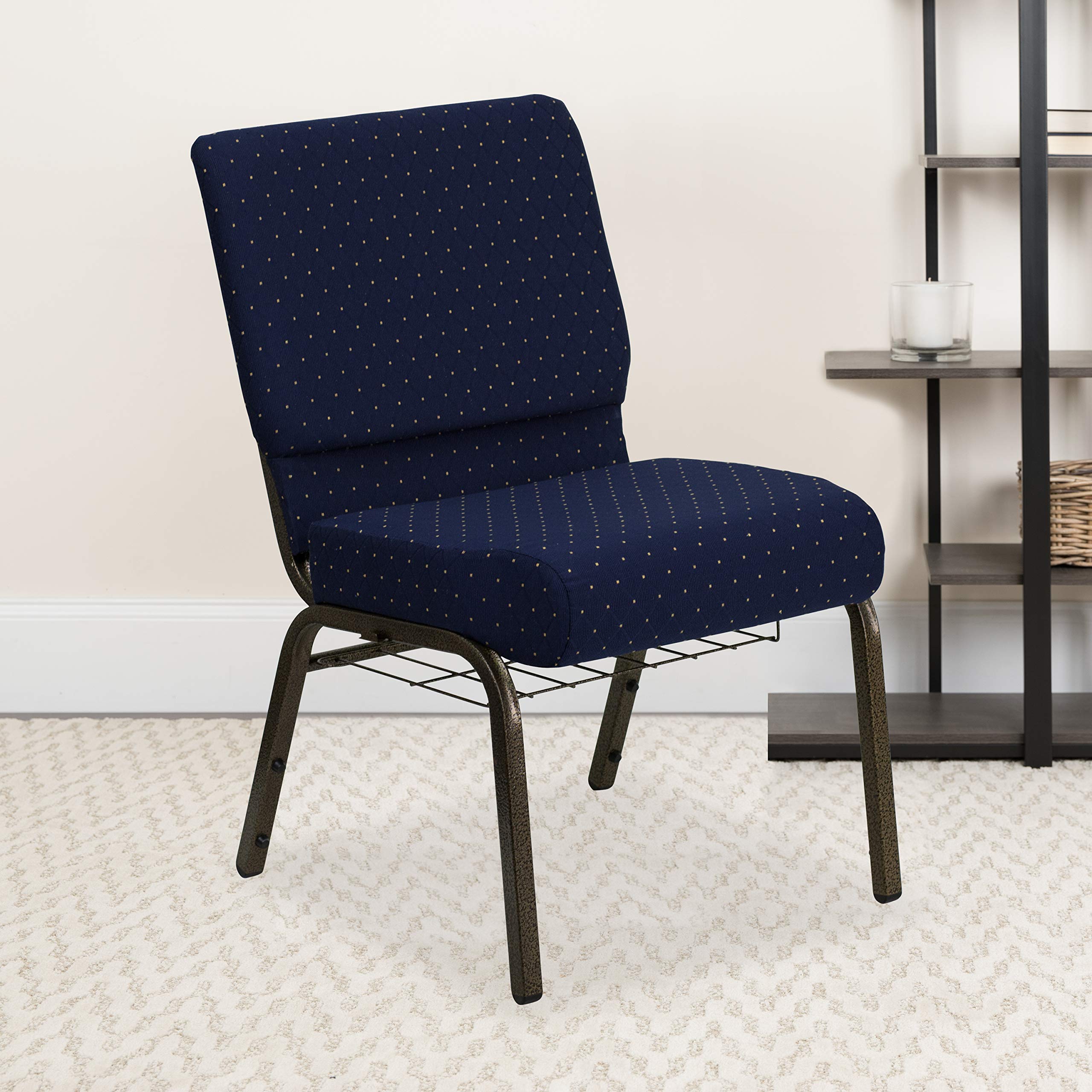 Flash Furniture HERCULES Series 21''W Church Chair in Navy Blue Dot Patterned Fabric with Book Rack - Gold Vein Frame