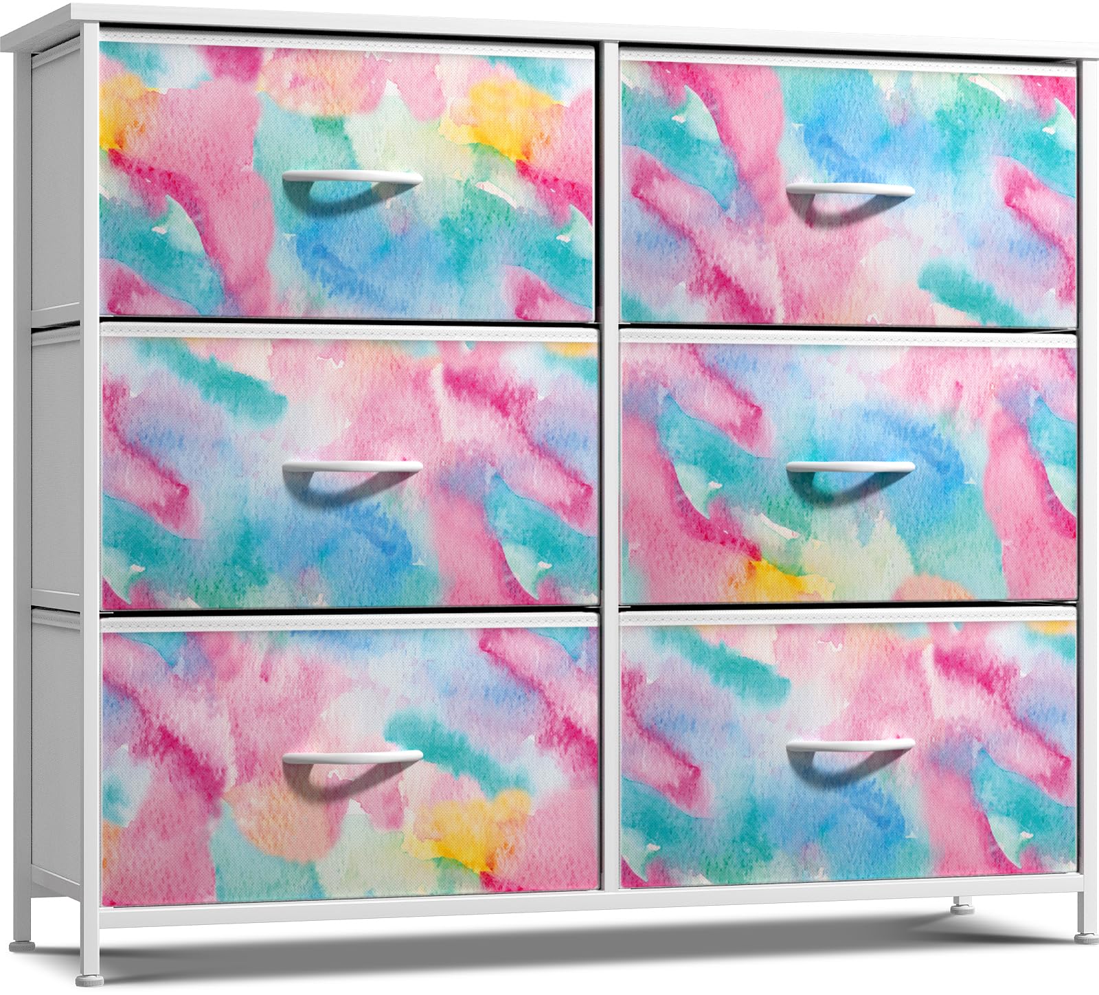 Sorbus Kids Dresser With 6 Drawers - Storage Chest Organizer Nightstand - Steel Frame, Wood Top, Tie-Dye Fabric Bins For Clothes - Wide Furniture For Bedroom, Hallway, Nursery, Closet, & Apartment