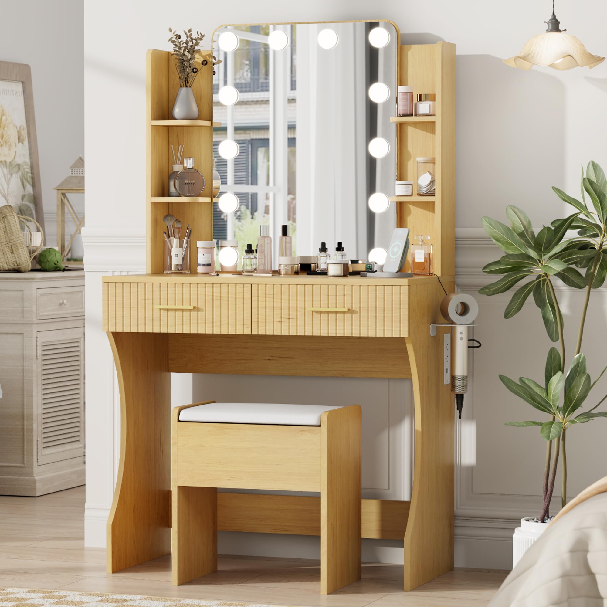 Otterease Vanity Desk with LED Lighted Mirror, Makeup Vanity with 3 Adjustable Lights, 2 Large Drawers and 4 Open Shelves, Natur