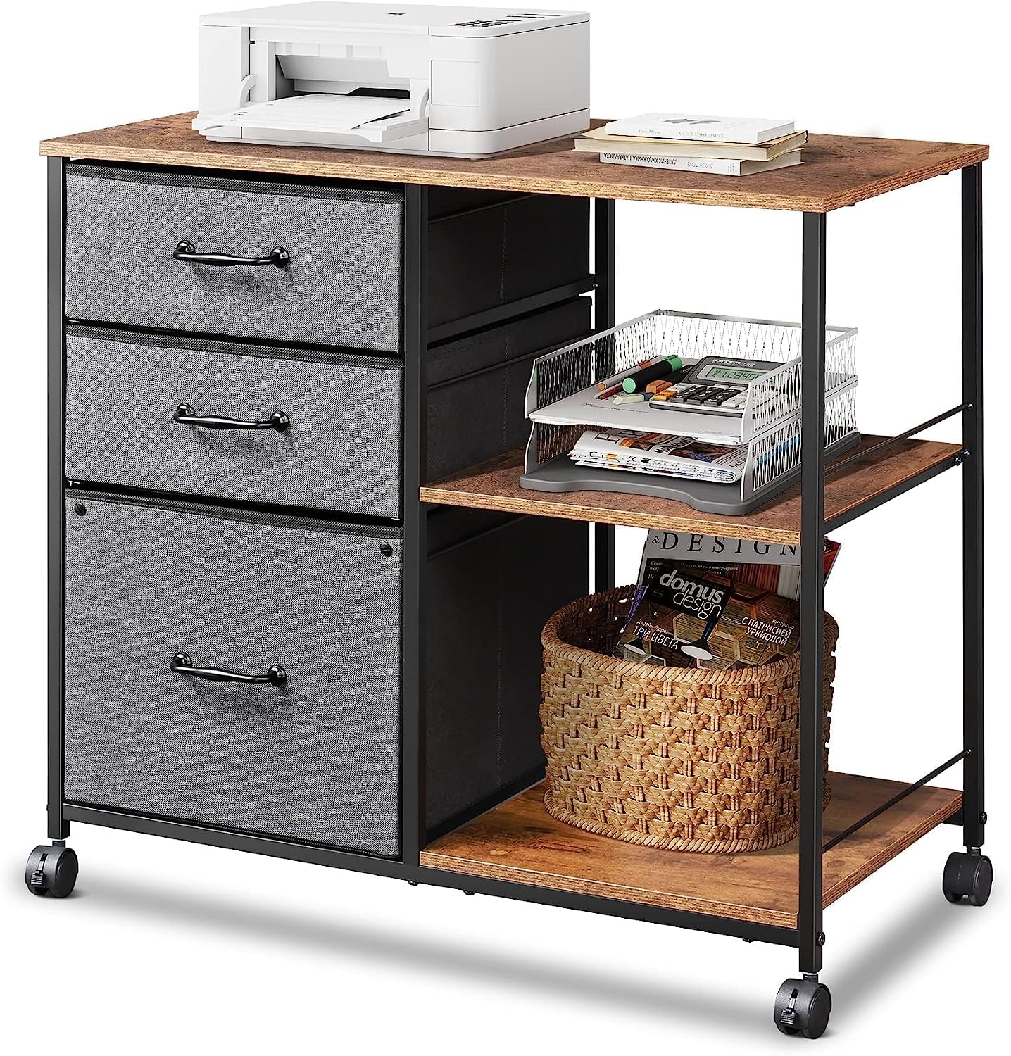 Devaise 3 Drawer Mobile File Cabinet, Rolling Printer Stand With Open Storage Shelf, Fabric Lateral Filing Cabinet Fits A4 Or Letter Size For Home Office, Rustic Brown