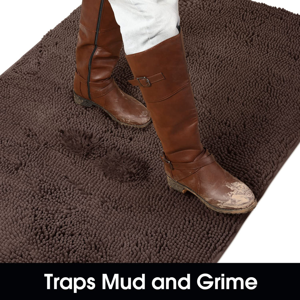 Homeideas Absorbent Chenille Door Mat Indoor, 20“X32”, Dirt Trapper Machine Washable Non Slip Throw Rugs For Entryway, Entrance, Mud Room, Thick Welcome Doormat, Brown