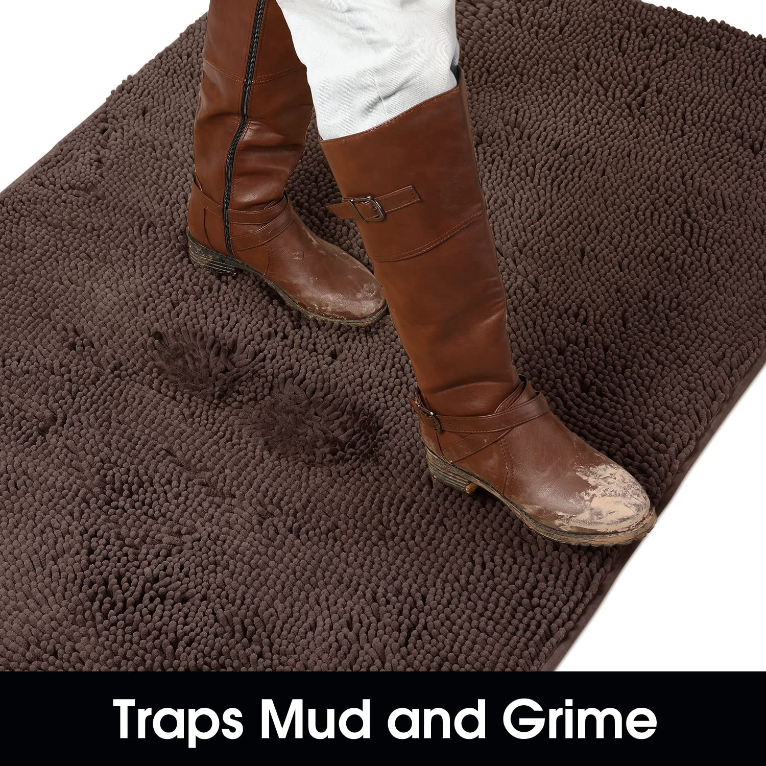 Homeideas Absorbent Chenille Door Mat Indoor, 20“X32”, Dirt Trapper Machine Washable Non Slip Throw Rugs For Entryway, Entrance, Mud Room, Thick Welcome Doormat, Brown