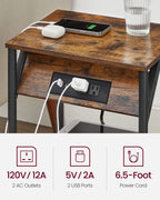Vasagle End Table With Charging Station, Set Of 2, Small Side Tables For Living Room, Bedroom, Nightstand With Outlets And Usb Ports, Bedside Table With Storage Shelf, Rustic Brown And Black