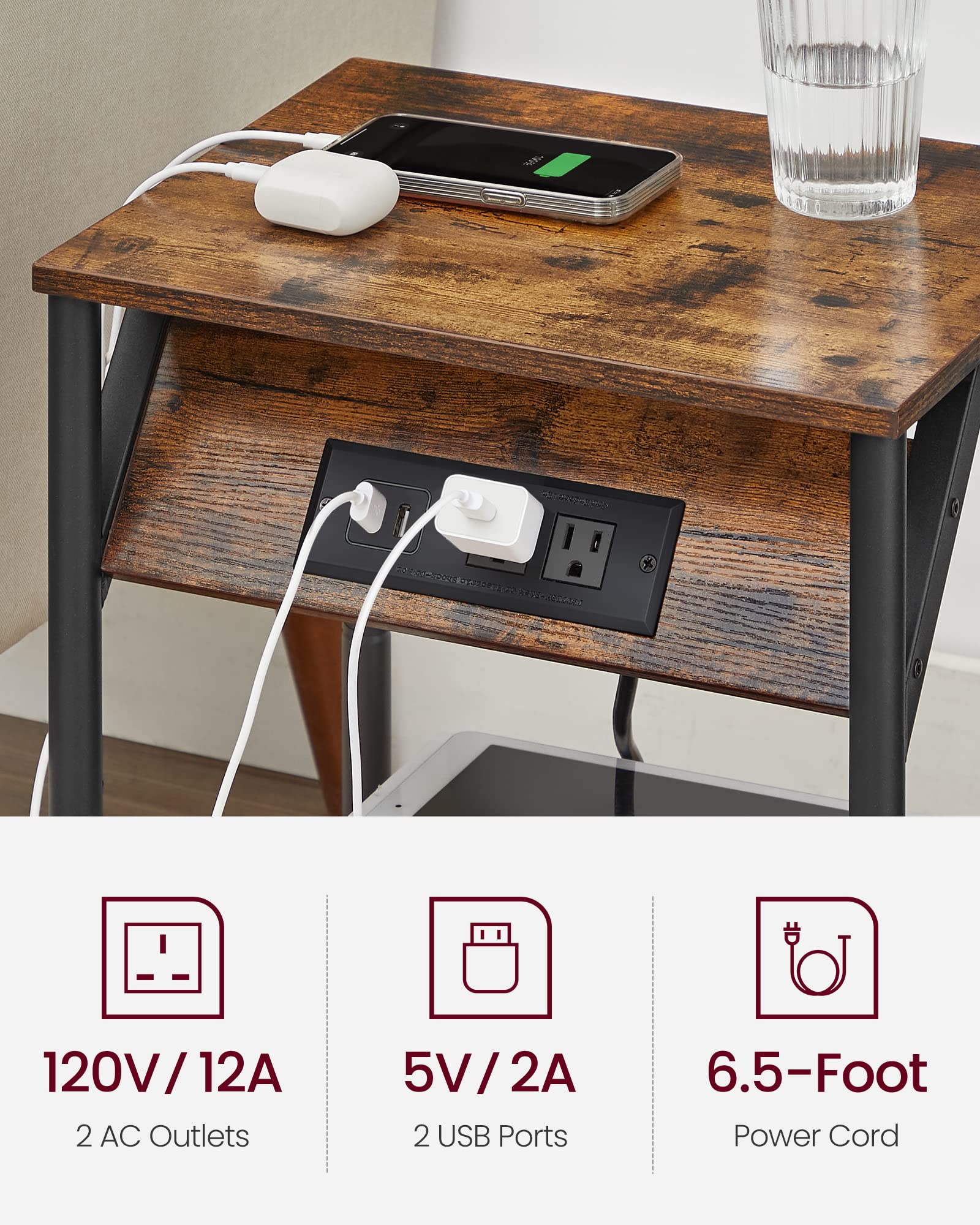 Vasagle End Table With Charging Station, Set Of 2, Small Side Tables For Living Room, Bedroom, Nightstand With Outlets And Usb Ports, Bedside Table With Storage Shelf, Rustic Brown And Black