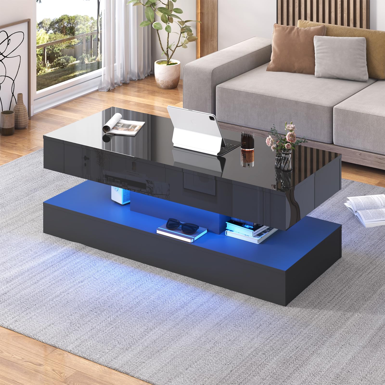 Uspeedy 47.3IN High Glossy LED Coffee Table,Modern Coffee Tables for Living Room,Living Rooms Tables,Large Living Room Furniture