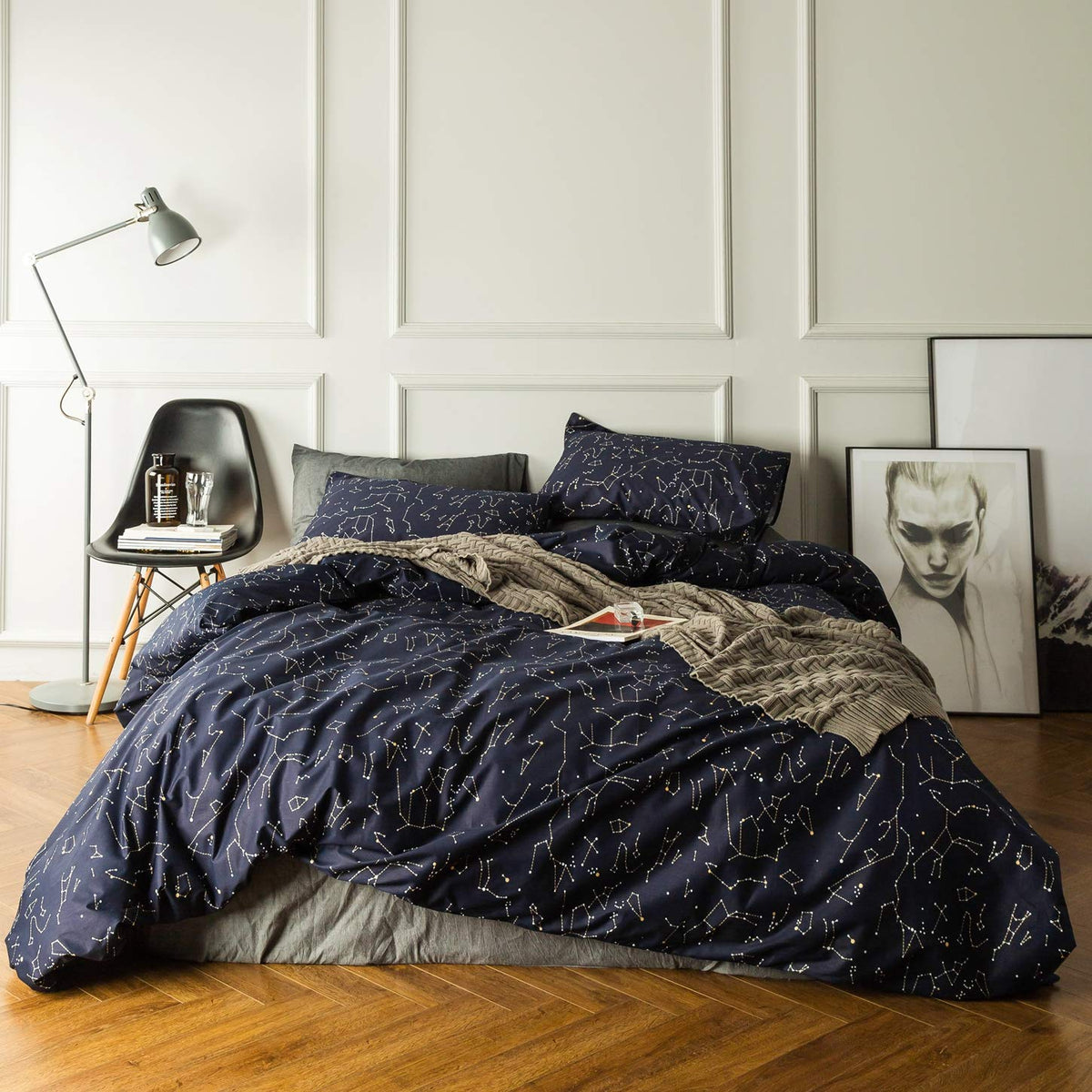 Susybao Navy Blue Celestial Duvet Cover King 100% Cotton Cute Constellation Duvet Cover 3 Pieces Set 1 Neutral Navy Galaxy Patte