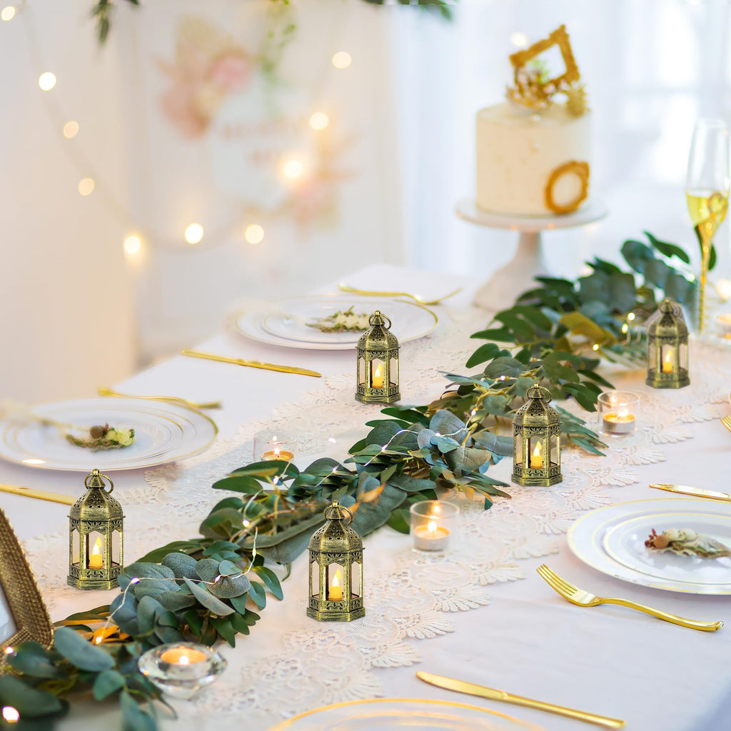 Mini Lanterns Decorative For Centerpiece - Romadedi 10Pcs Hanging Small Gold Lantern Bulk With Flickering Led Candles For Weddin