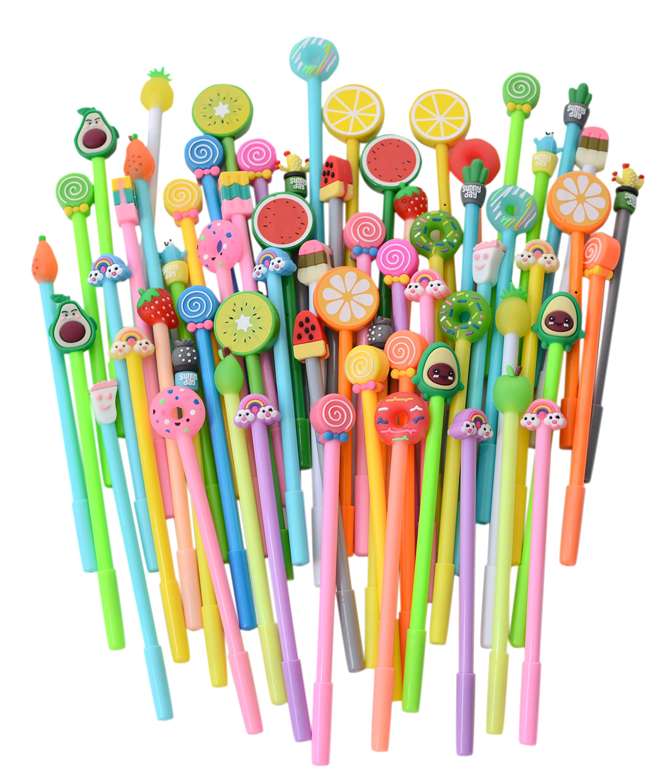 Yyaaloa 64Pcs Cute Cartoon Novelty Gel Ink Pens Cartoon Fruit Writing Pens 0.5 Mm Black Ink Assorted Styles Fun Kawaii Pens Bulk