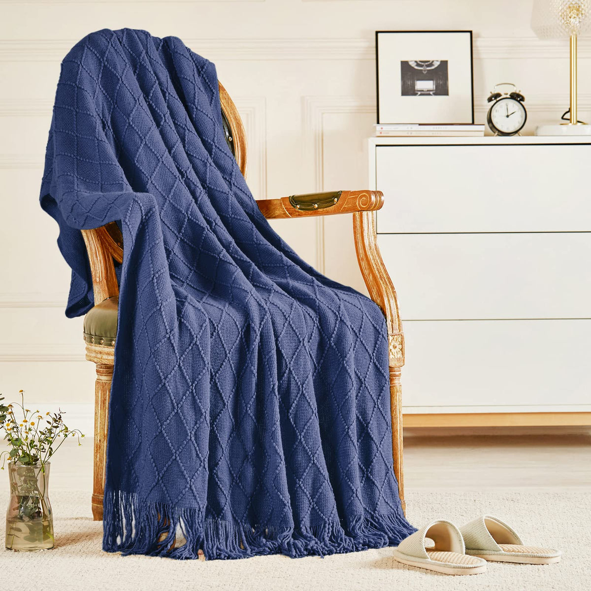 Inhand Knitted Throw Blankets For Couch And Bed, Soft Cozy Knit Blanket With Tassel, Navy Blue Lightweight Decorative Blankets A