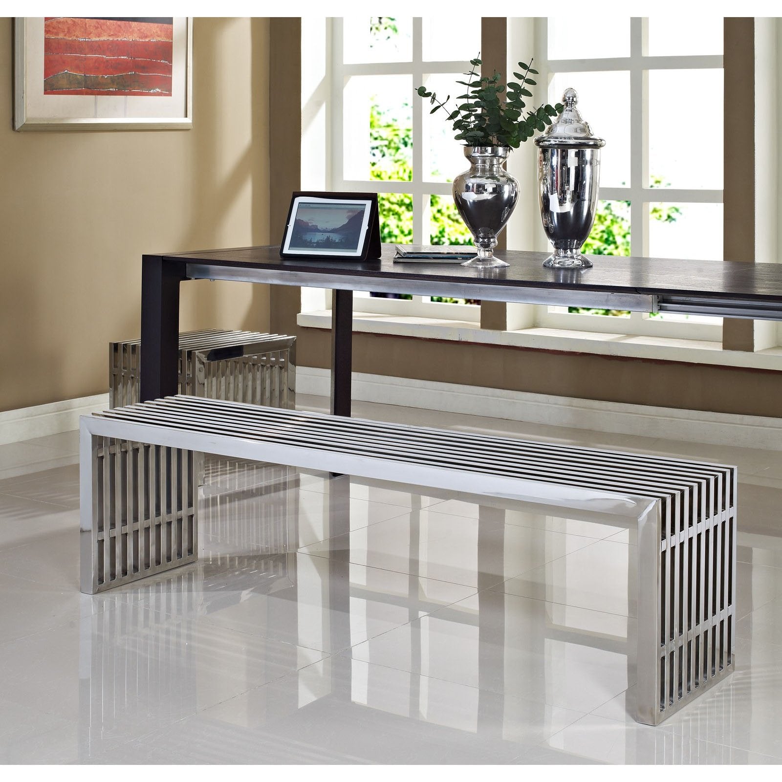 Modway Gridiron Stainless Steel Large and Small 2-Piece Bench Set