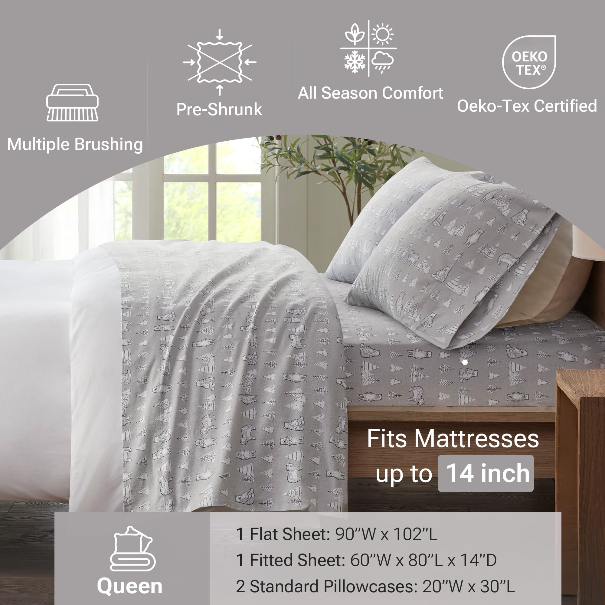 Sleep Philosophy True North Cozy Flannel Warm 100% Cotton Sheet - Novelty Print Animals Stars Cute Ultra Soft Cold Weather Beddi
