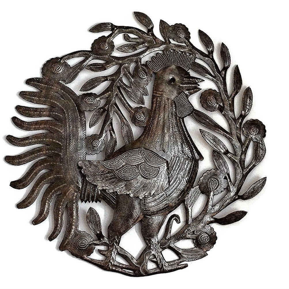 Kitchen Wall Metal Decor, Rooster, Farm House, Indoor Outdoor Display, Handmade in Haiti from Recycled Steel Barrels 15.5 x 15.7