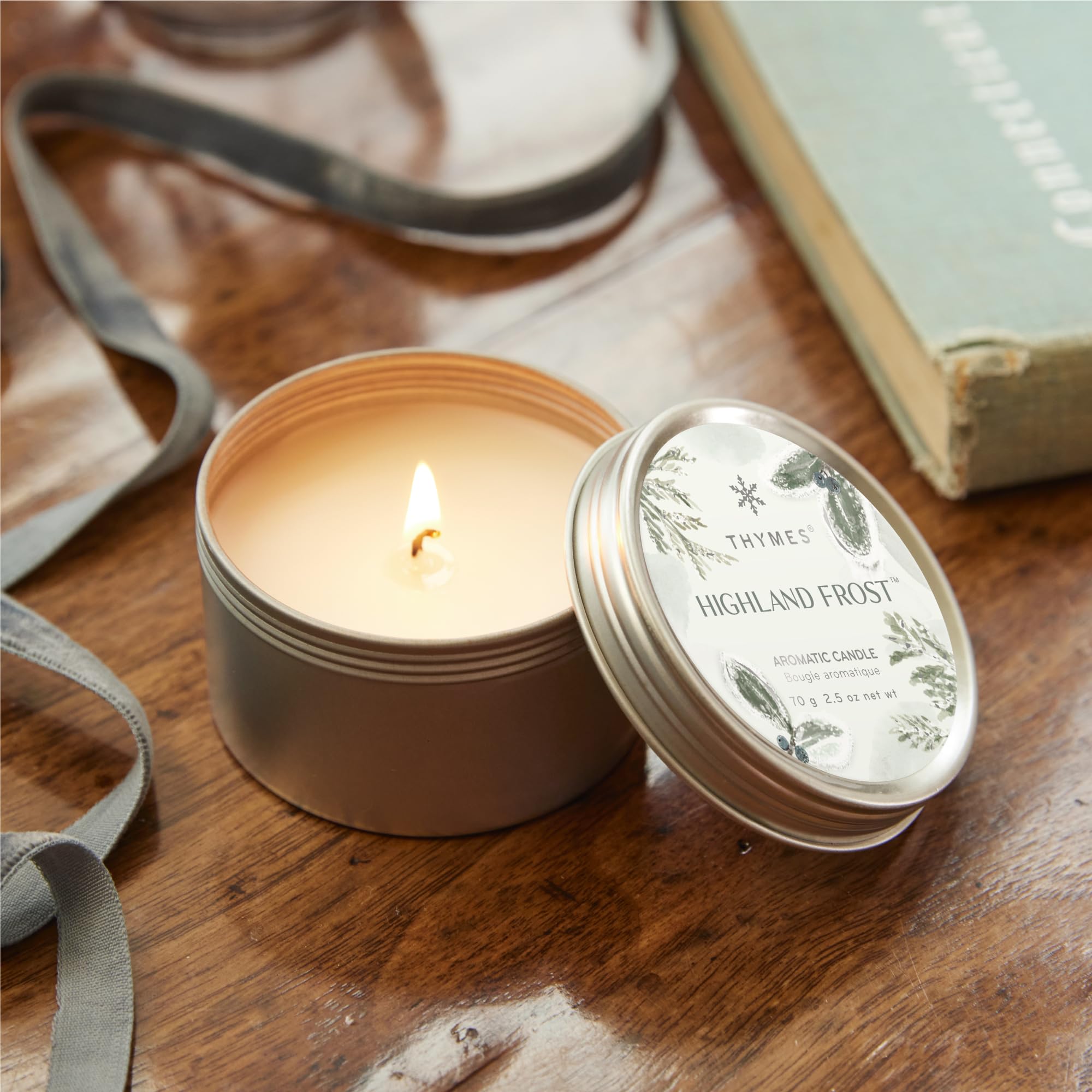 Thymes Highland Frost Travel Tin Candle - Petite Scented Candle With Sage, Eucalyptus, & Cypress Needle Home Fragrance - Silver