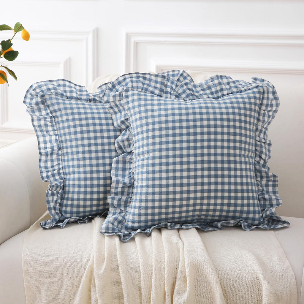 K Masaniji 2 Pack Dust Blue White Plaid Ruffle Throw Pillow Covers 18X18 Inches, 100% Washed Cotton Gingham Buffalo Checkered Fa