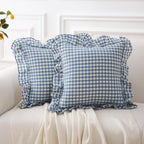 K Masaniji 2 Pack Dust Blue White Plaid Ruffle Throw Pillow Covers 18X18 Inches, 100% Washed Cotton Gingham Buffalo Checkered Fa